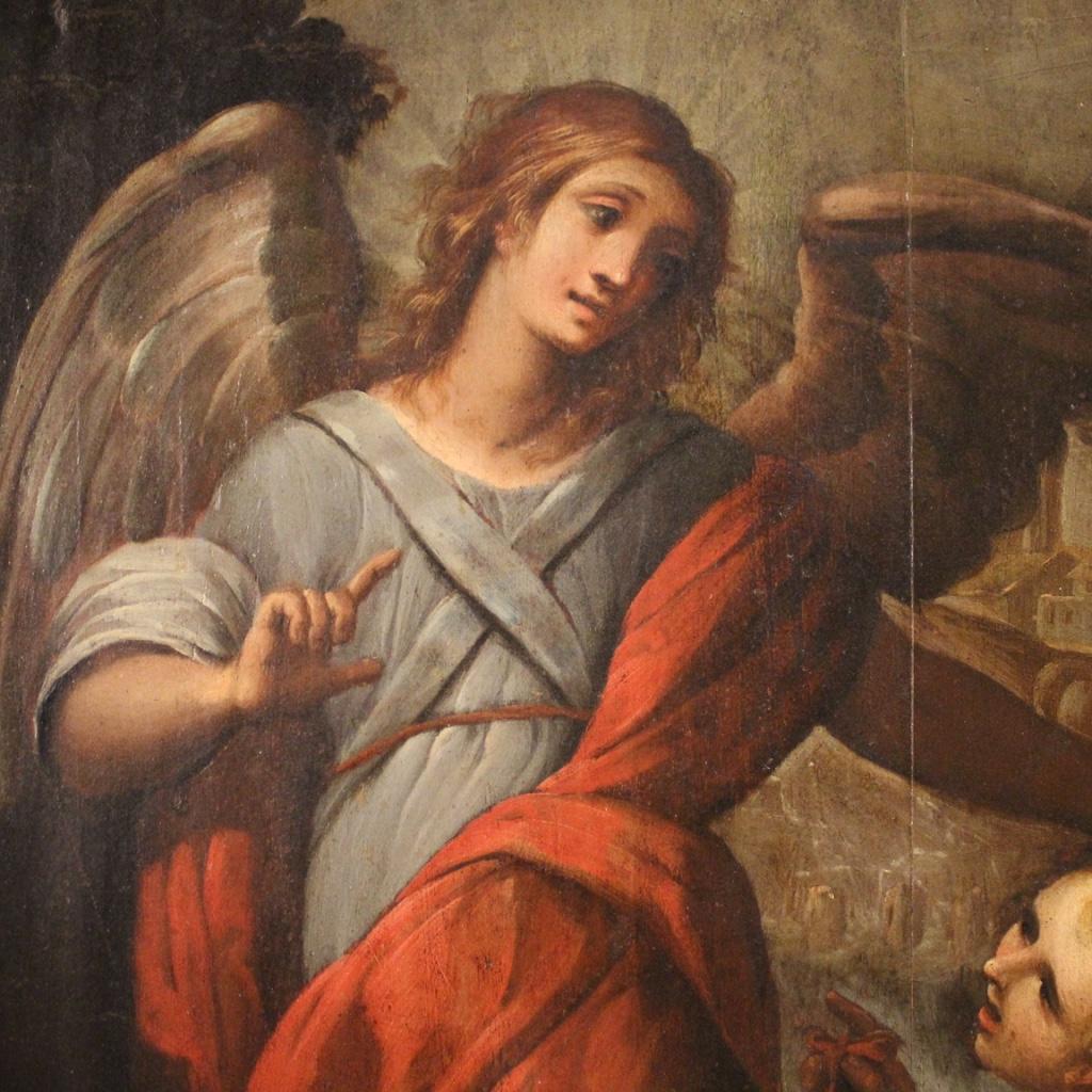 Wood 17th Century Oil on Panel Italian Religious Painting Tobias and the Angel, 1660