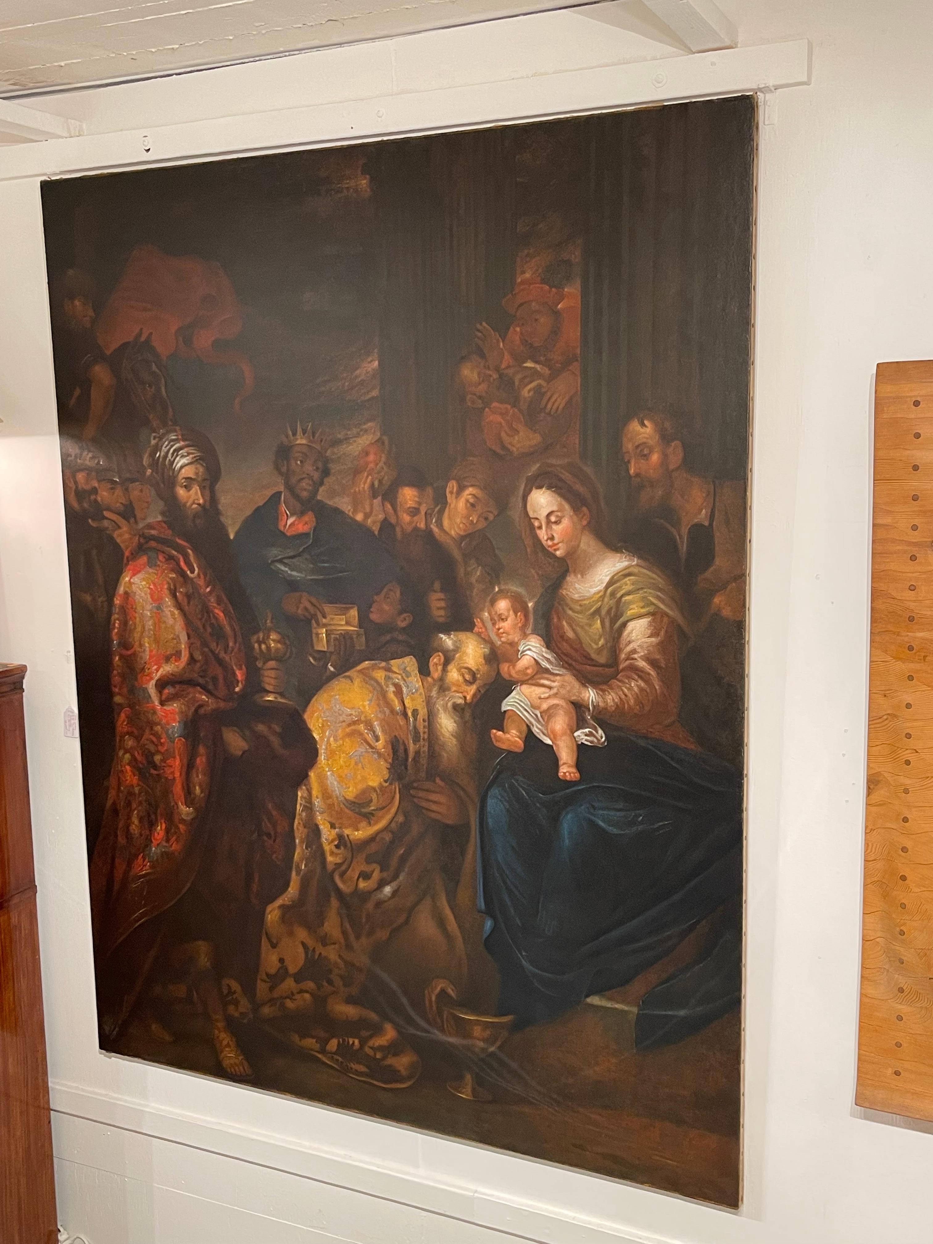 Large size masterfully painted 17th century oil panting depicting the adoration of the magi, possibly after follower or in the circle of Gerard Seghers. Works of this caliber rarely come available on the market. The work has been masterfully