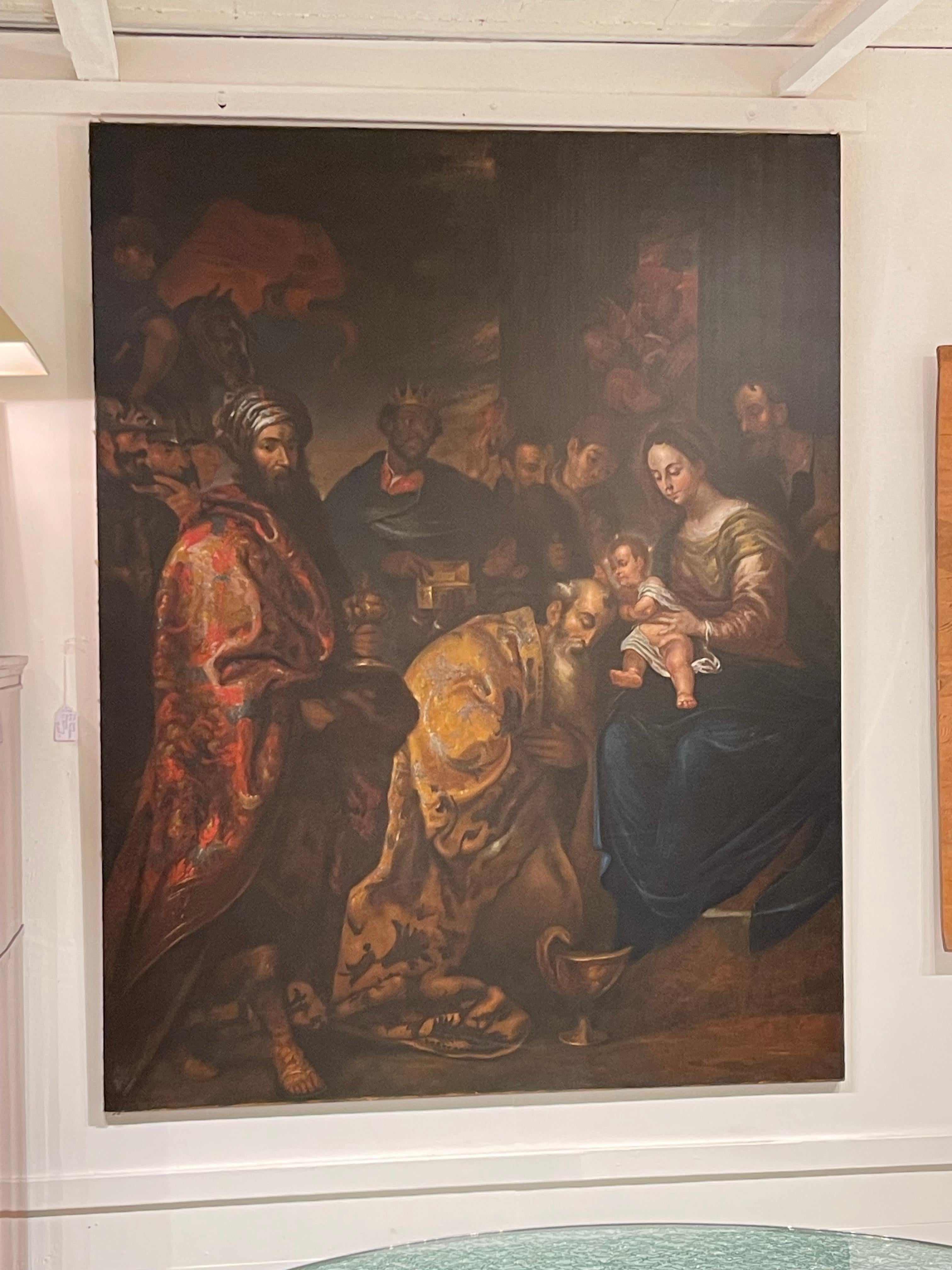 Peint à la main 17th Century Oil Painting Adoration of the magi, follower of Gerard Seghers en vente