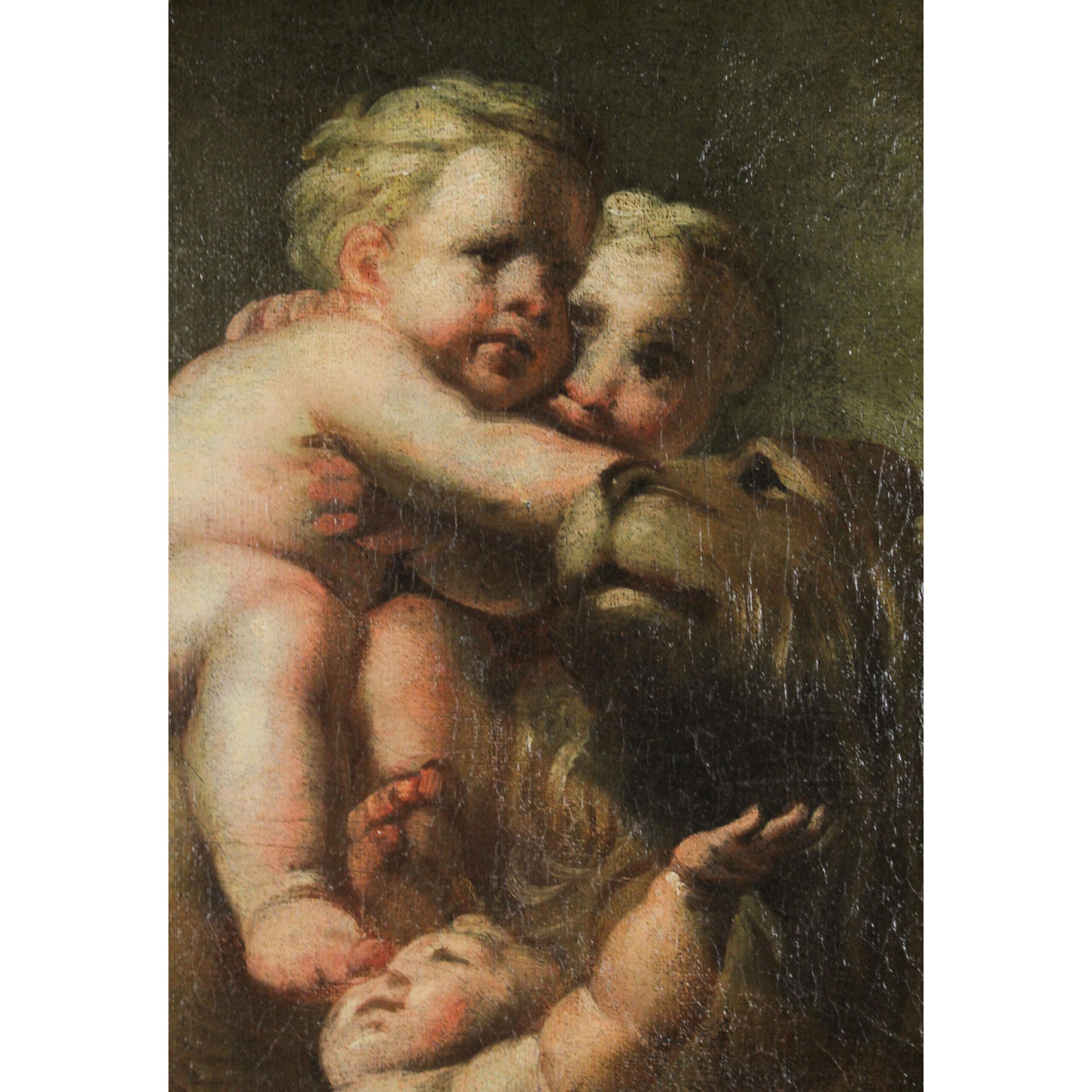 Italian 17th Century Oil Painting of a Lion with Putti  For Sale