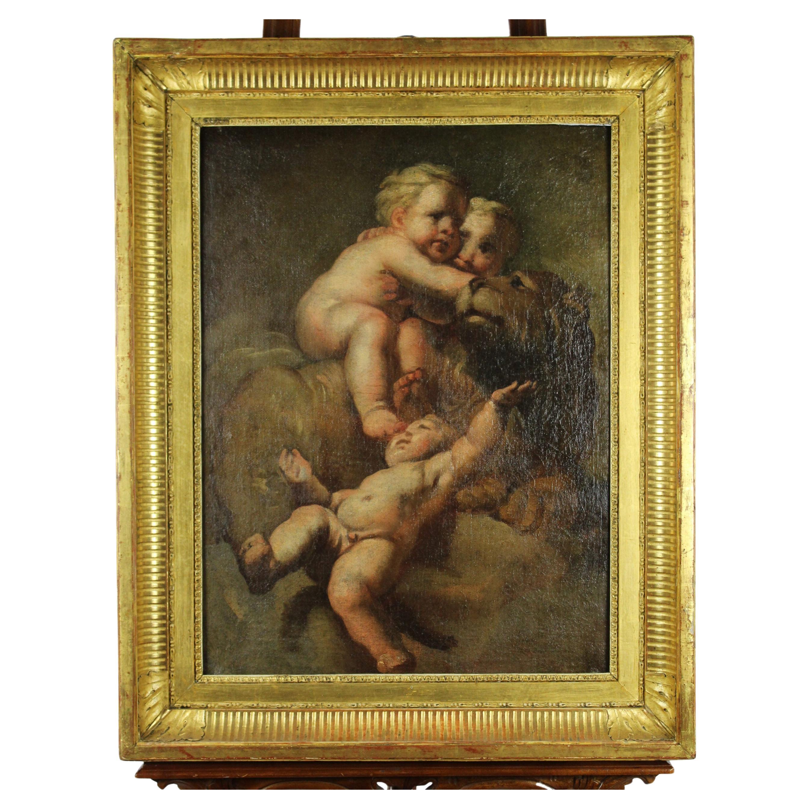 17th Century Oil Painting of a Lion with Putti  For Sale
