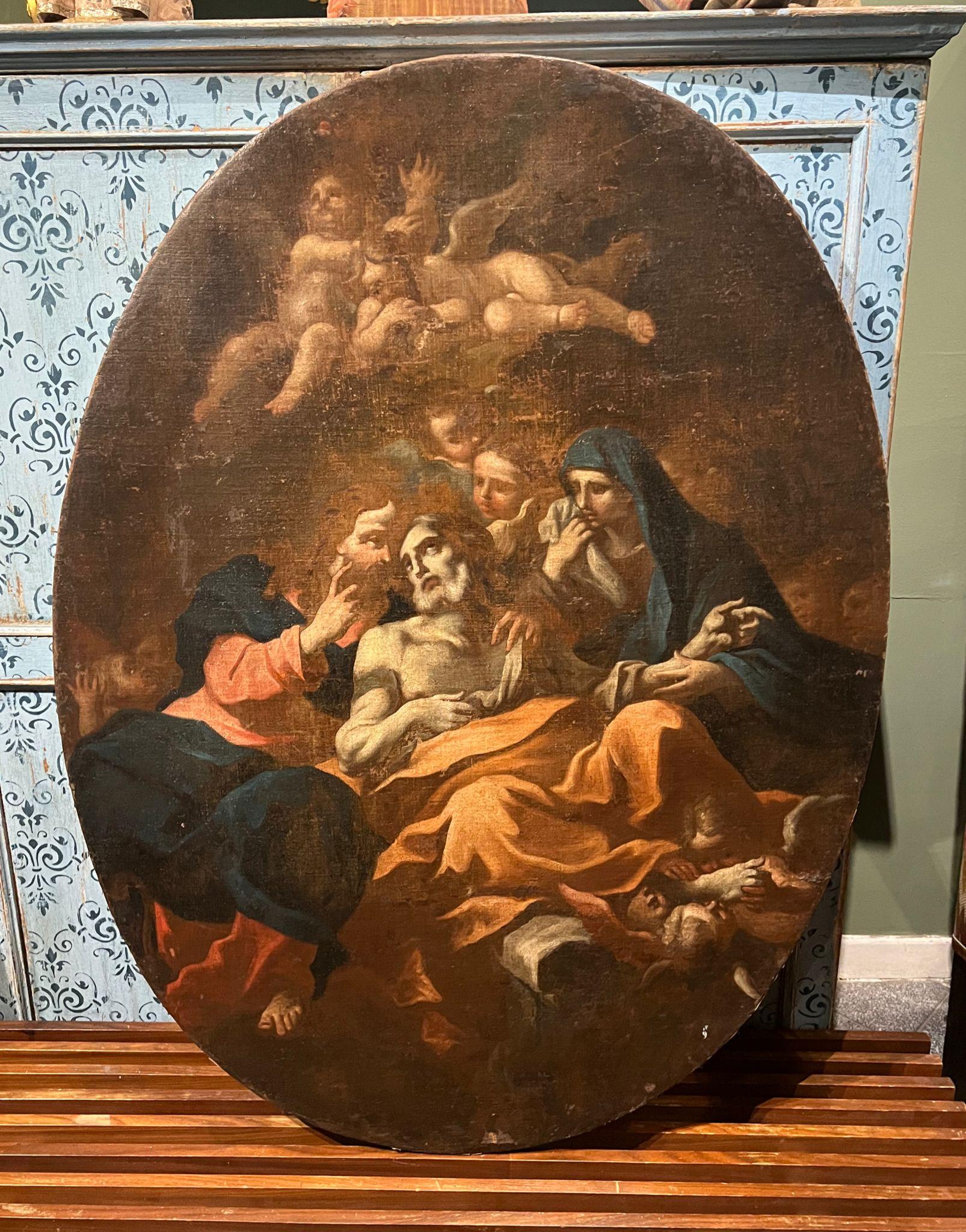 Oil painting on canvas depicting Christ and the Madonna consoling a dying man, Emilian school, 17th century.