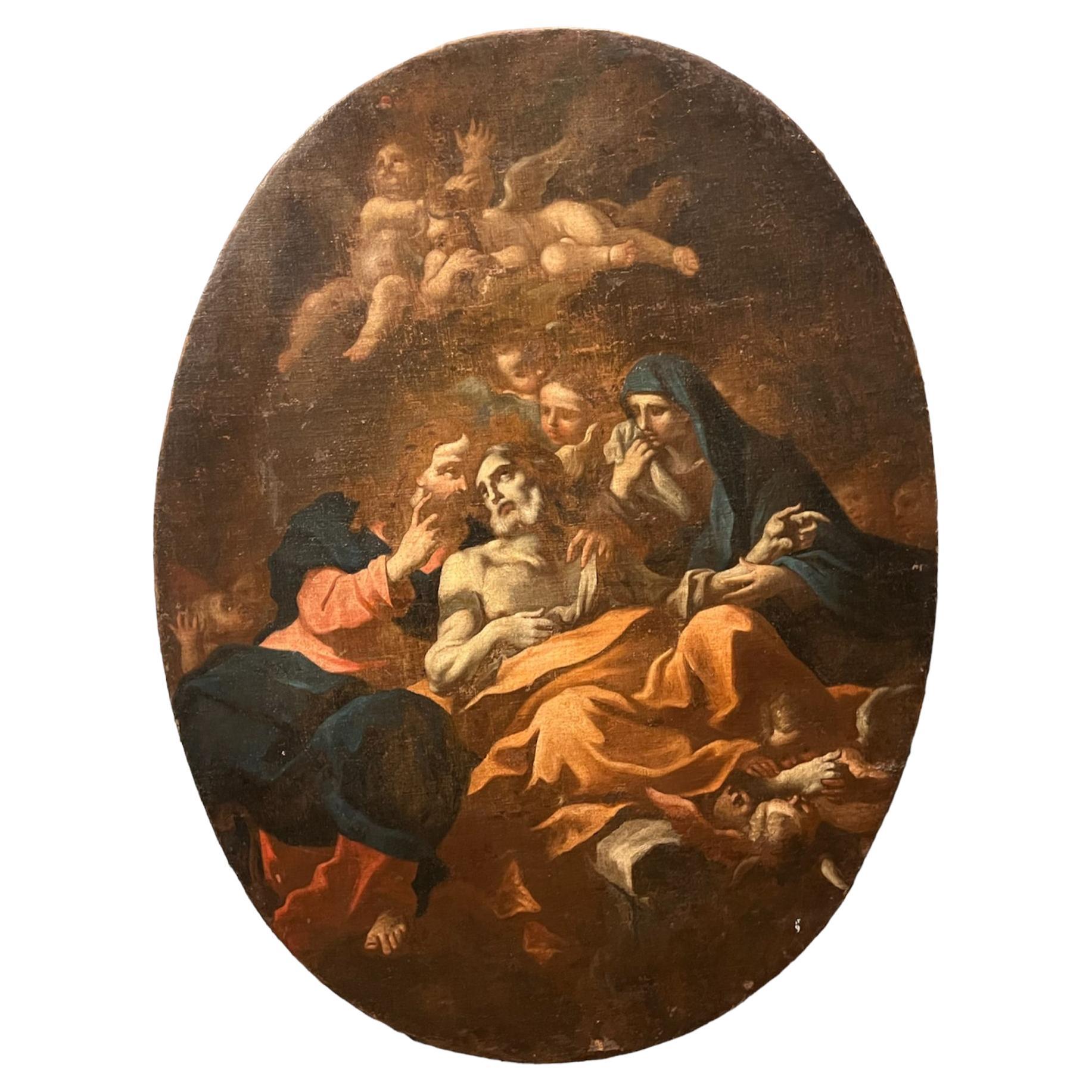 Peinture à l'huile sur toile du 17e siècle représentant une agonie