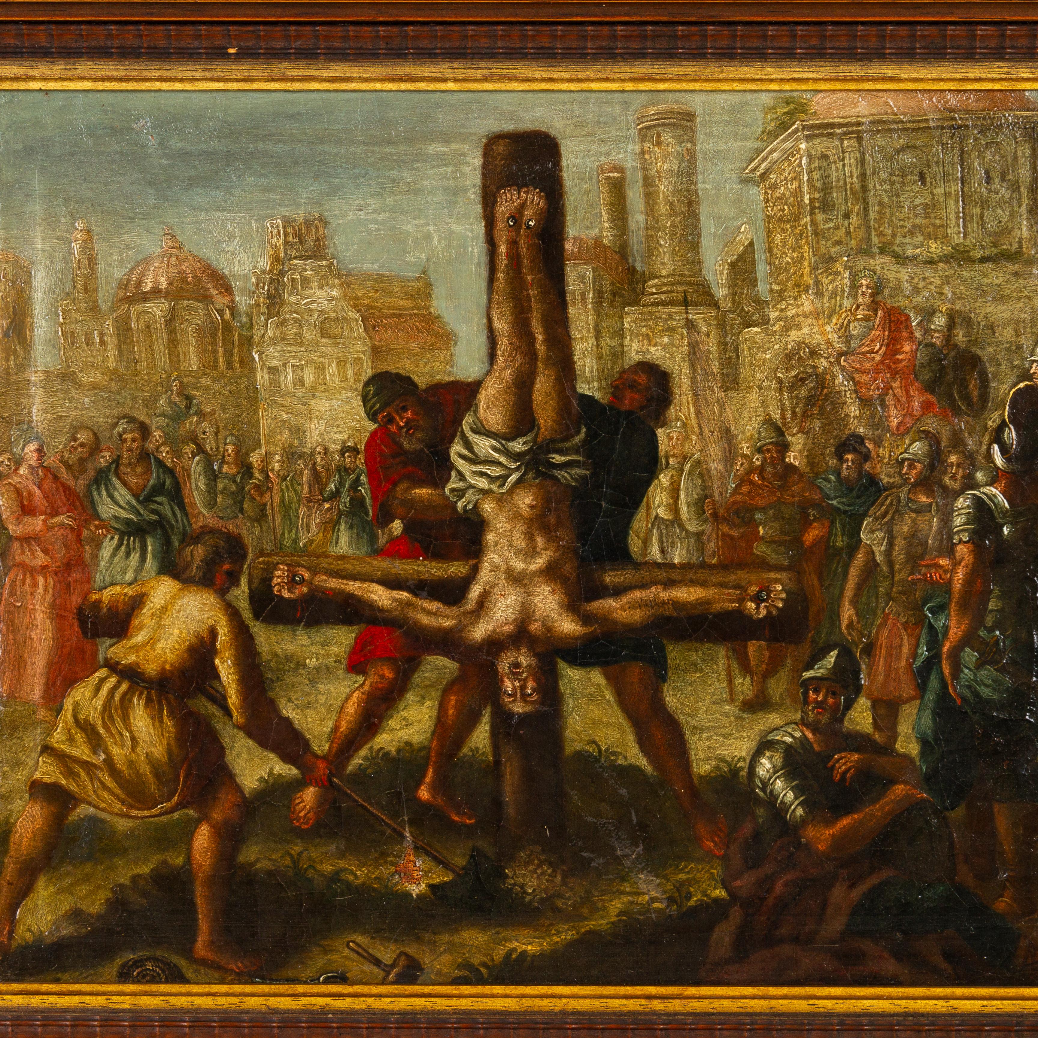 En buen estado
De una colección privada
Envío internacional gratuito
Pintura al óleo de un antiguo maestro del siglo XVII Crucifixión de San Pedro
Rasgadura muy leve en el lienzo, requiere una pequeña restauración
