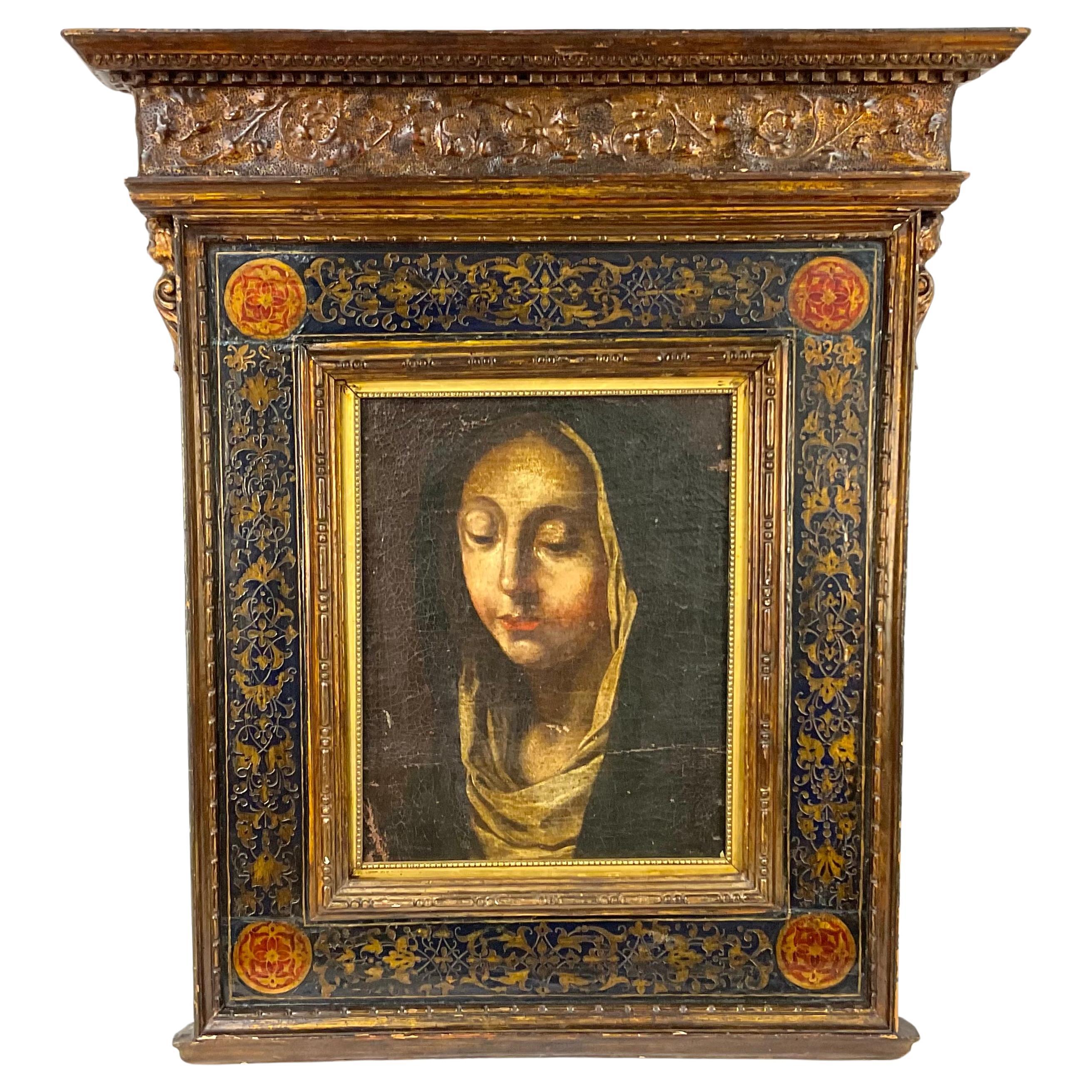 Dipinto a olio della Madonna del XVII secolo, con cornice dorata a forma di tabernacolo 8