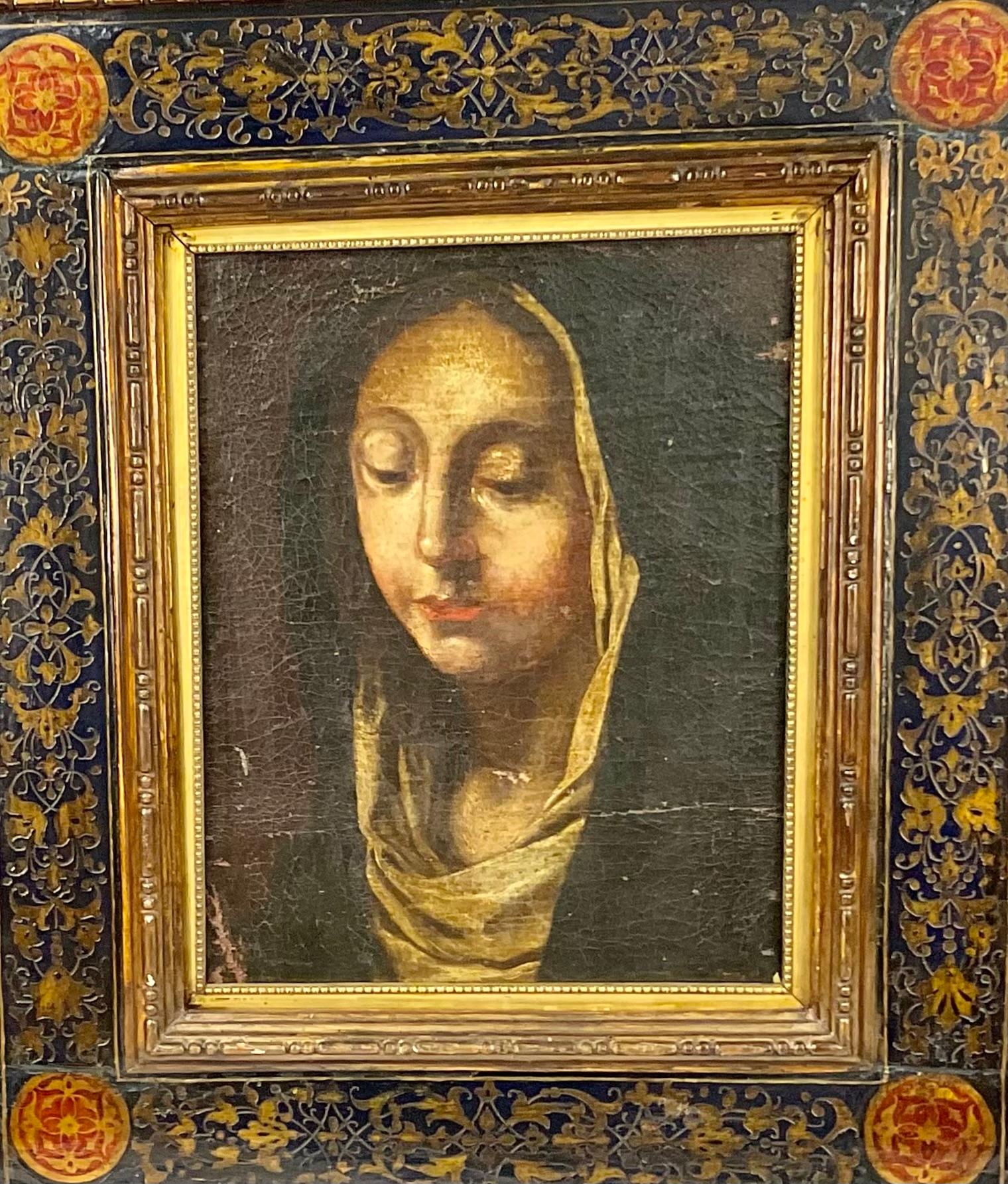 Rinascimento Dipinto a olio della Madonna del XVII secolo, con cornice dorata a forma di tabernacolo