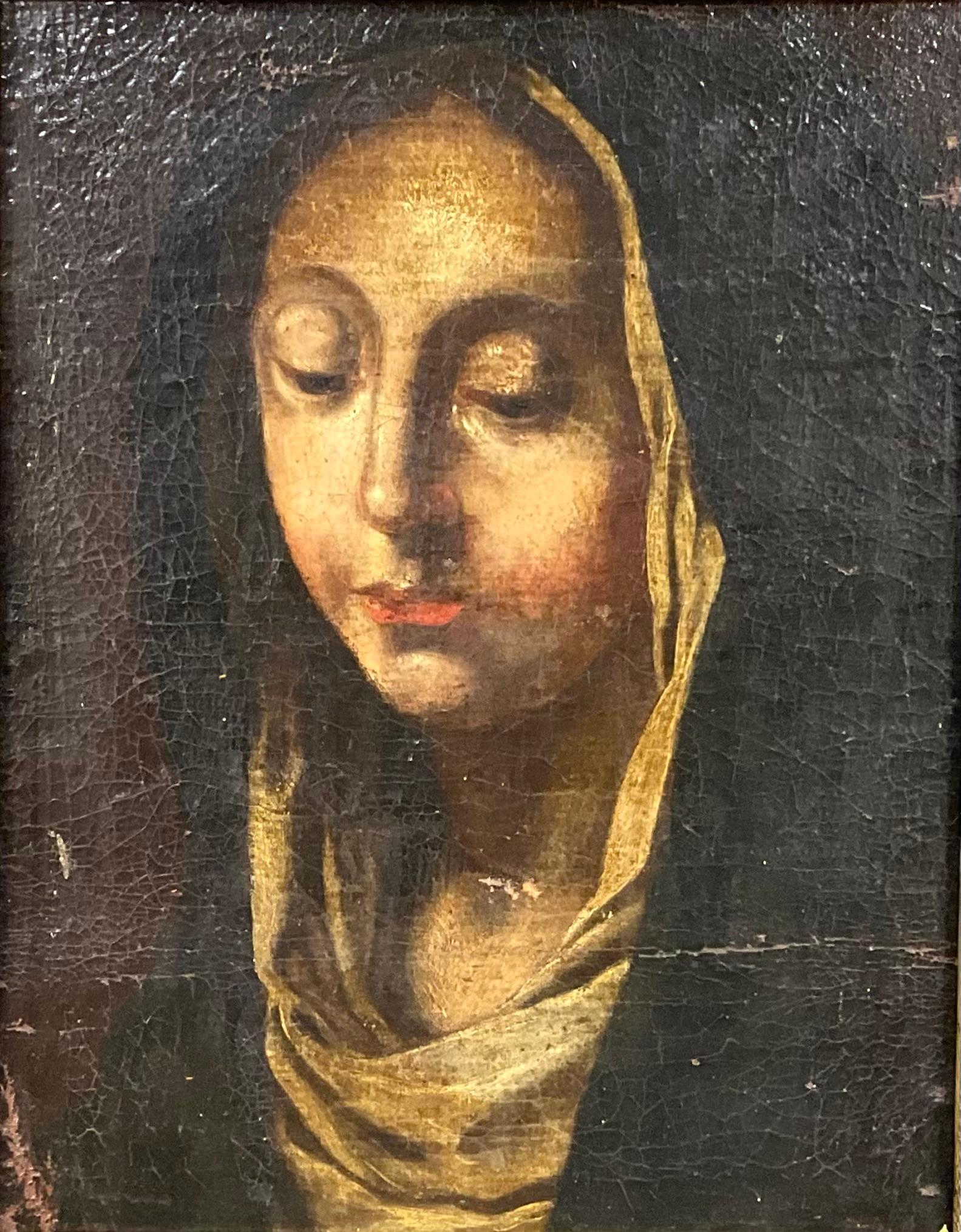 Italiano Dipinto a olio della Madonna del XVII secolo, con cornice dorata a forma di tabernacolo