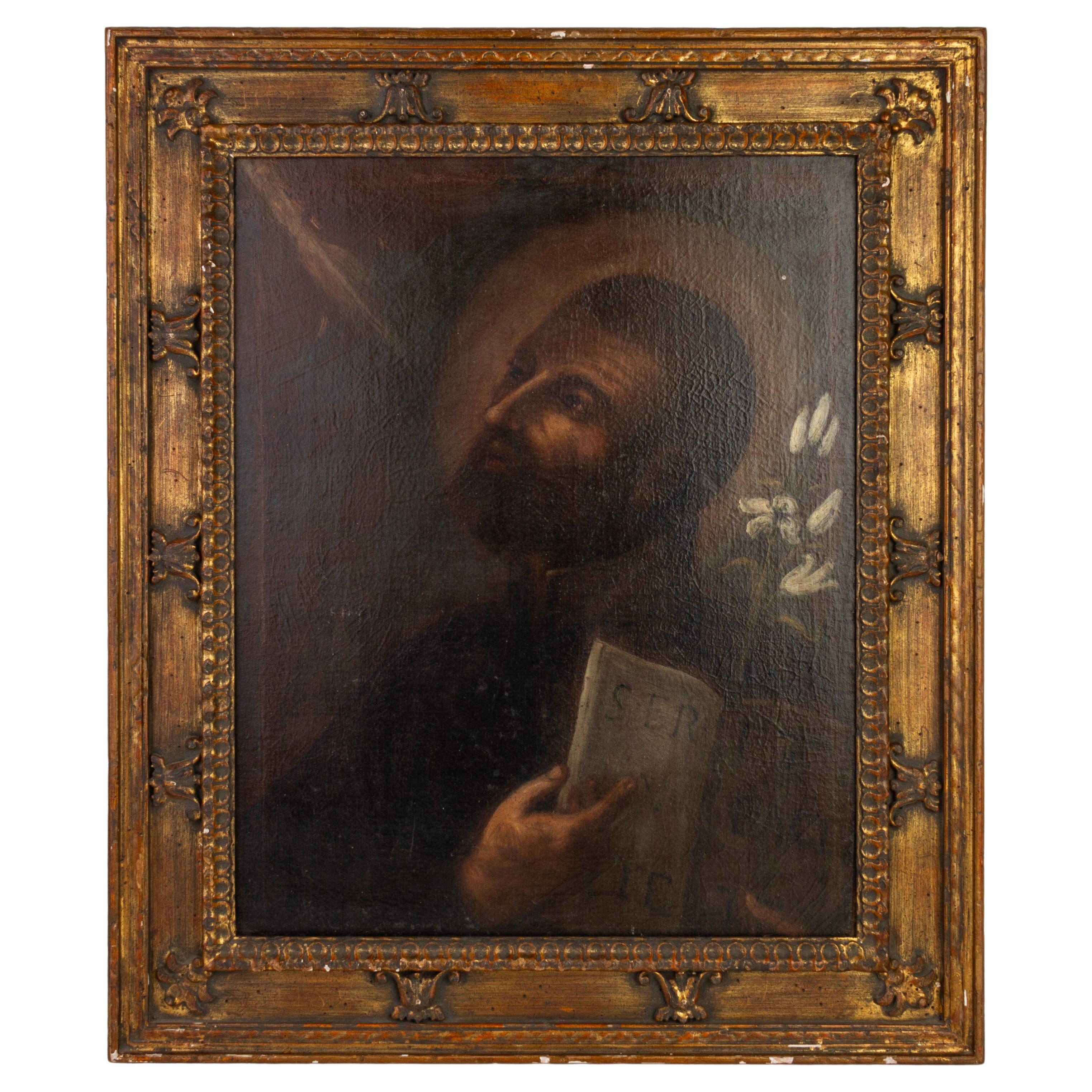 Dipinto a olio antico del 17° secolo Ritratto di San Domenico