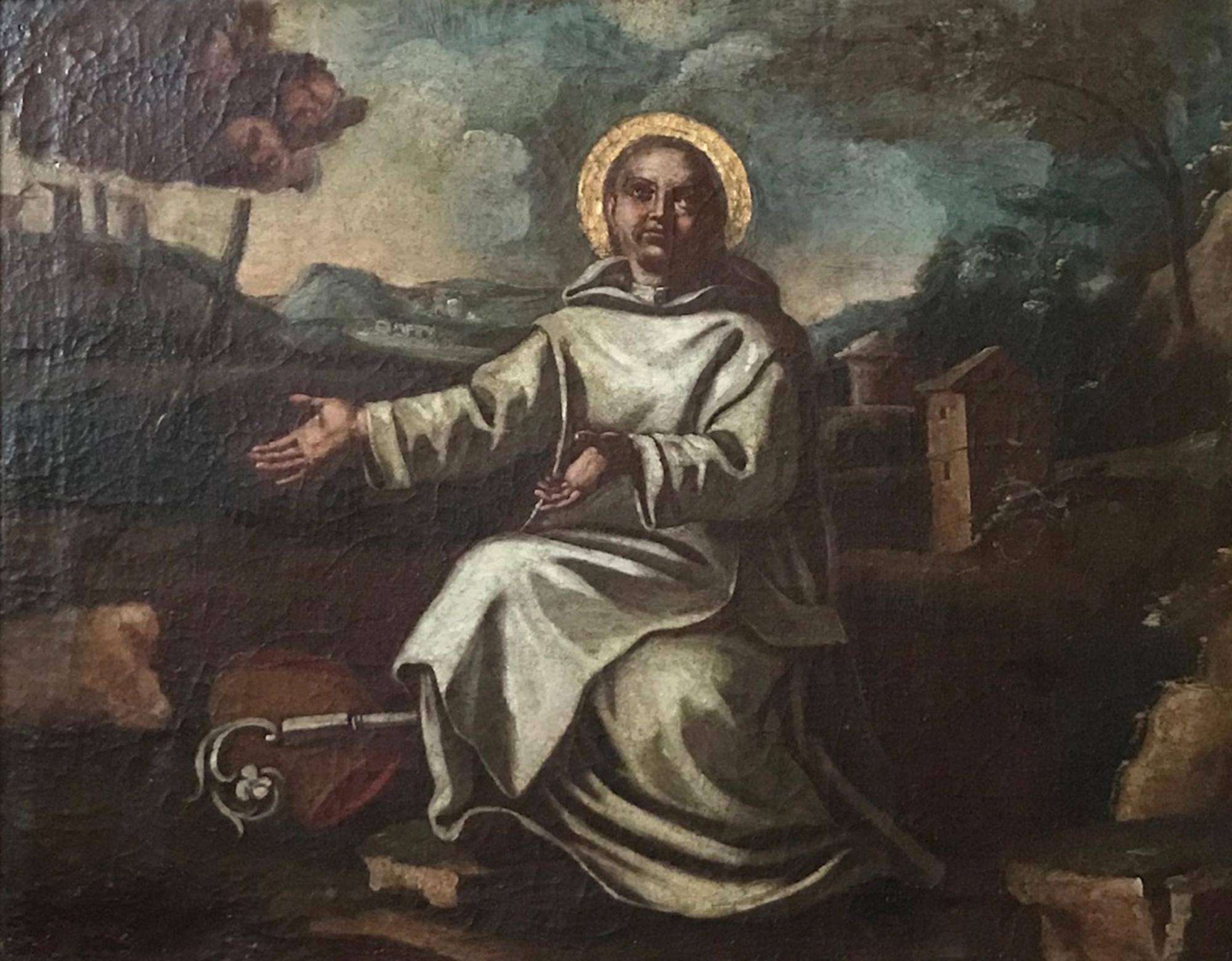17th century old master oil painting of Saint Bernard of Clairvaux. Spanish school.

Dramatic expression and perfect use of chiaroscuro, the art of light and shadow effects, makes this painting a masterpiece. Saint Bernard of Clairvaux, clad in a