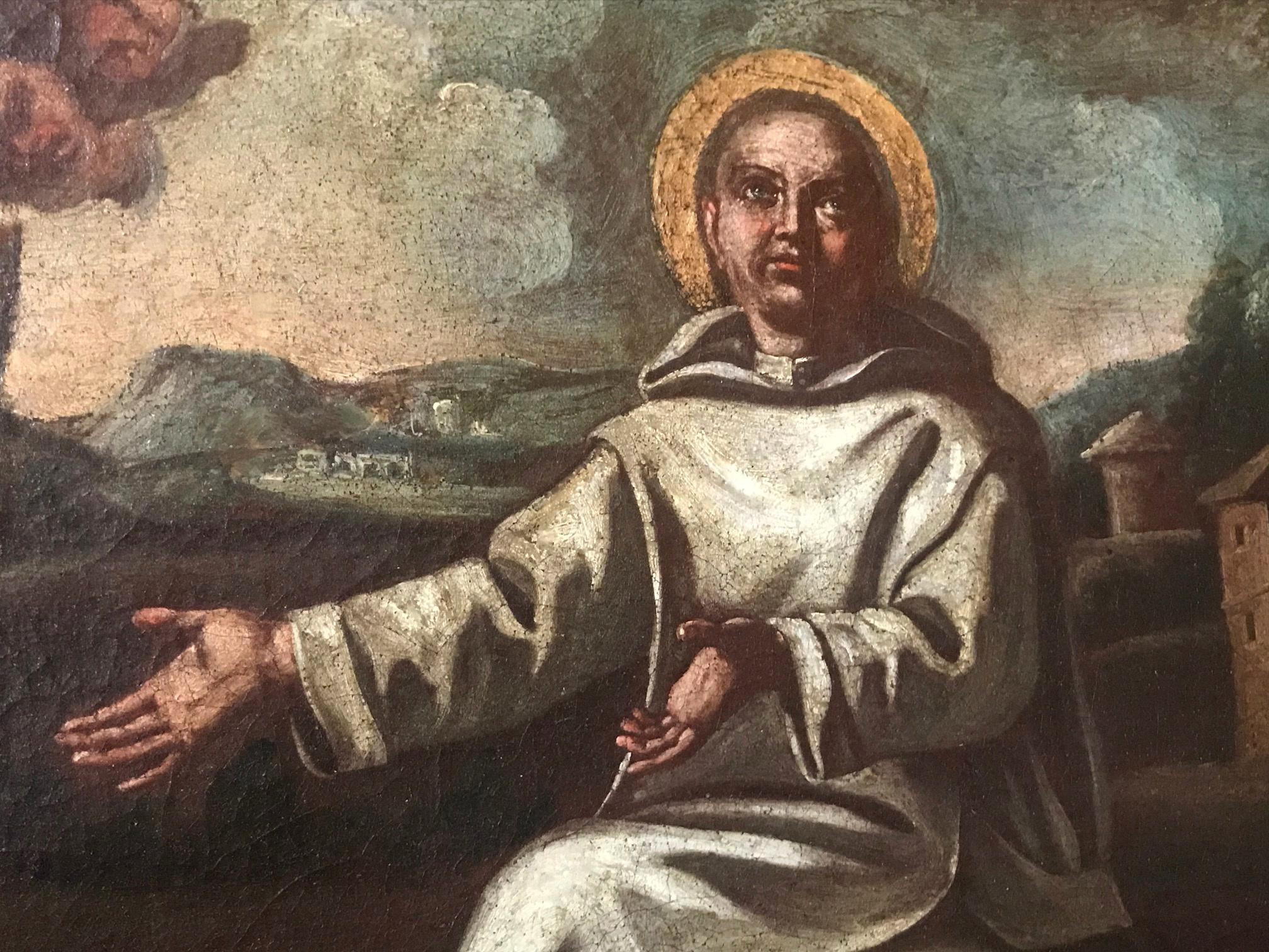 Hand-Painted 17th Century Old Master Oil Painting Saint Bernard of Clairvaux, Spanish School For Sale
