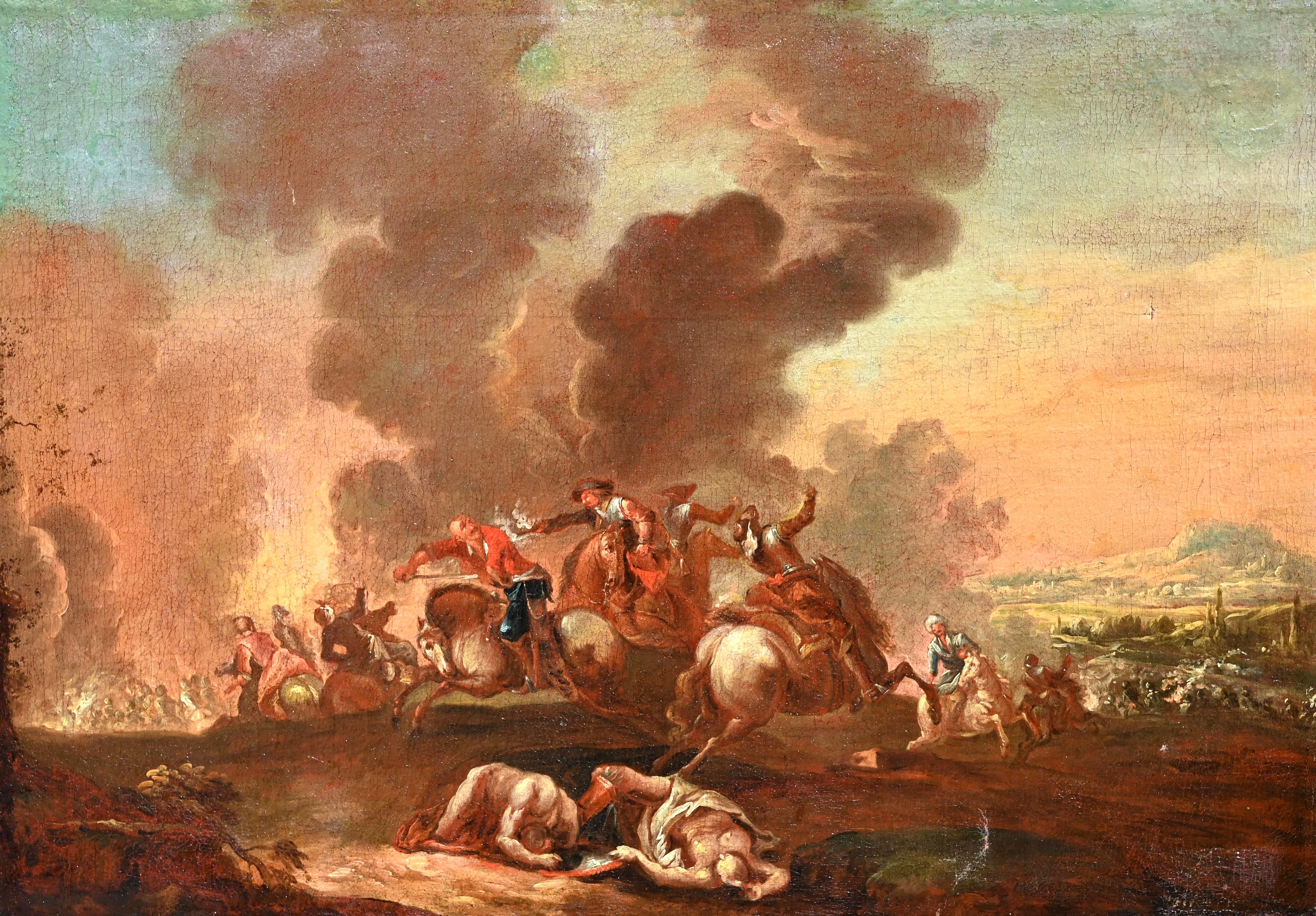 Gran pintura de escena de batalla del Viejo Maestro del siglo XVII. Escuela flamenca, hacia 1610 - 1680. La pintura al óleo sobre lienzo representa una dinámica escena de batalla llena de movimiento y energía, capturando el caos de la batalla. La