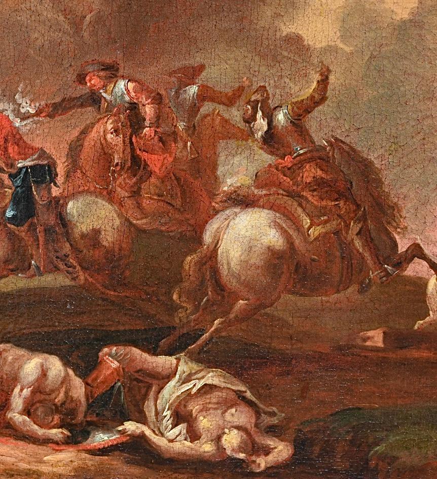 Pintura antigua del siglo XVII, Gran escena de batalla, Óleo sobre lienzo siglo XVIII y antes en venta