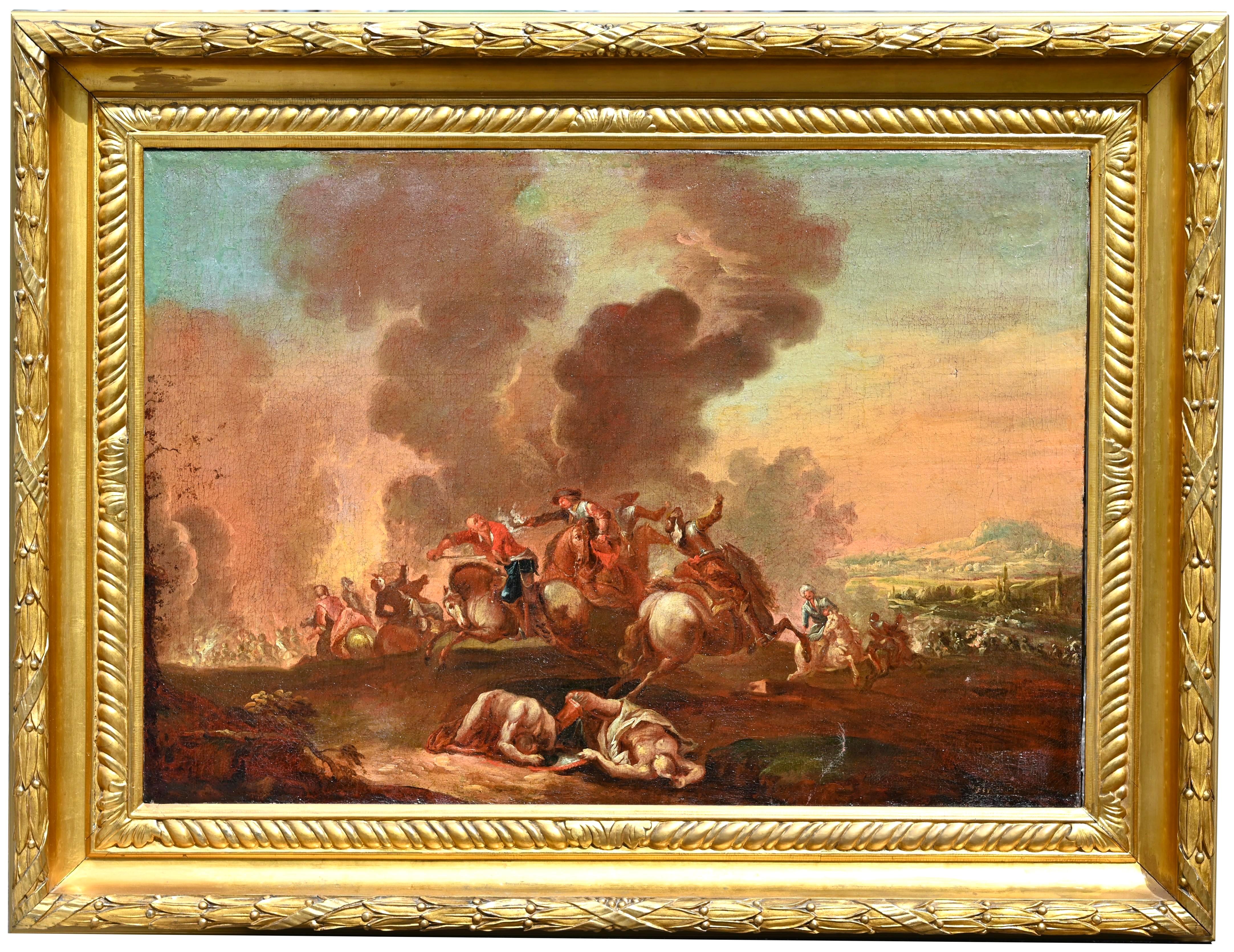 Pintura antigua del siglo XVII, Gran escena de batalla, Óleo sobre lienzo en venta 1