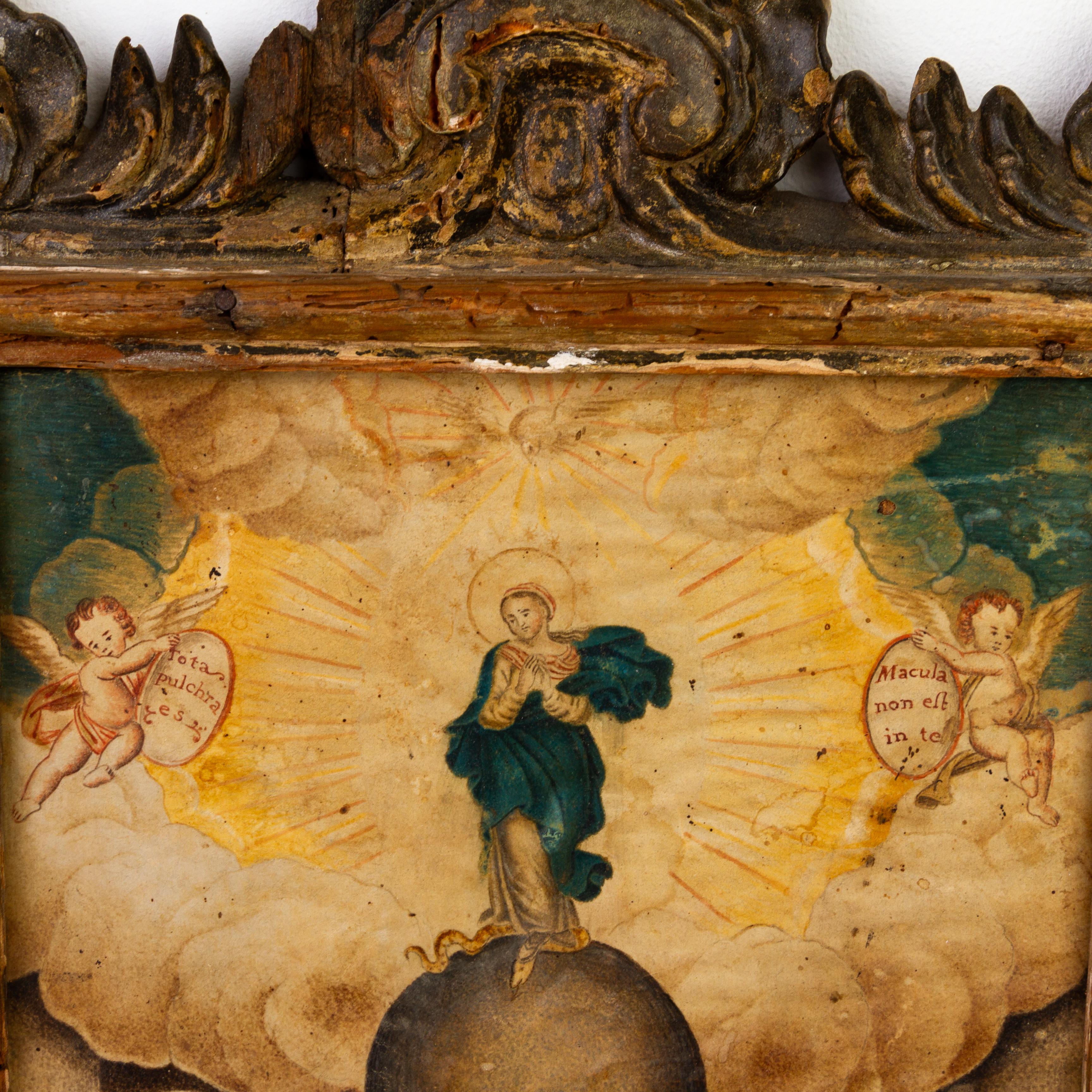 Polychromed 17th Century Old Master Polychrome Wood Painting on Vellum Madonna & Saints