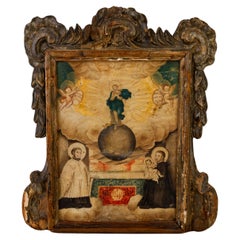 17th Century Old Master Polychrome Wood Painting on Vellum Madonna & Saints