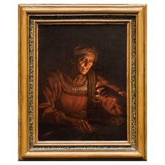17th Century Old Woman with Candle Painting Attr. to Matthias Stom Oil on Canvas
