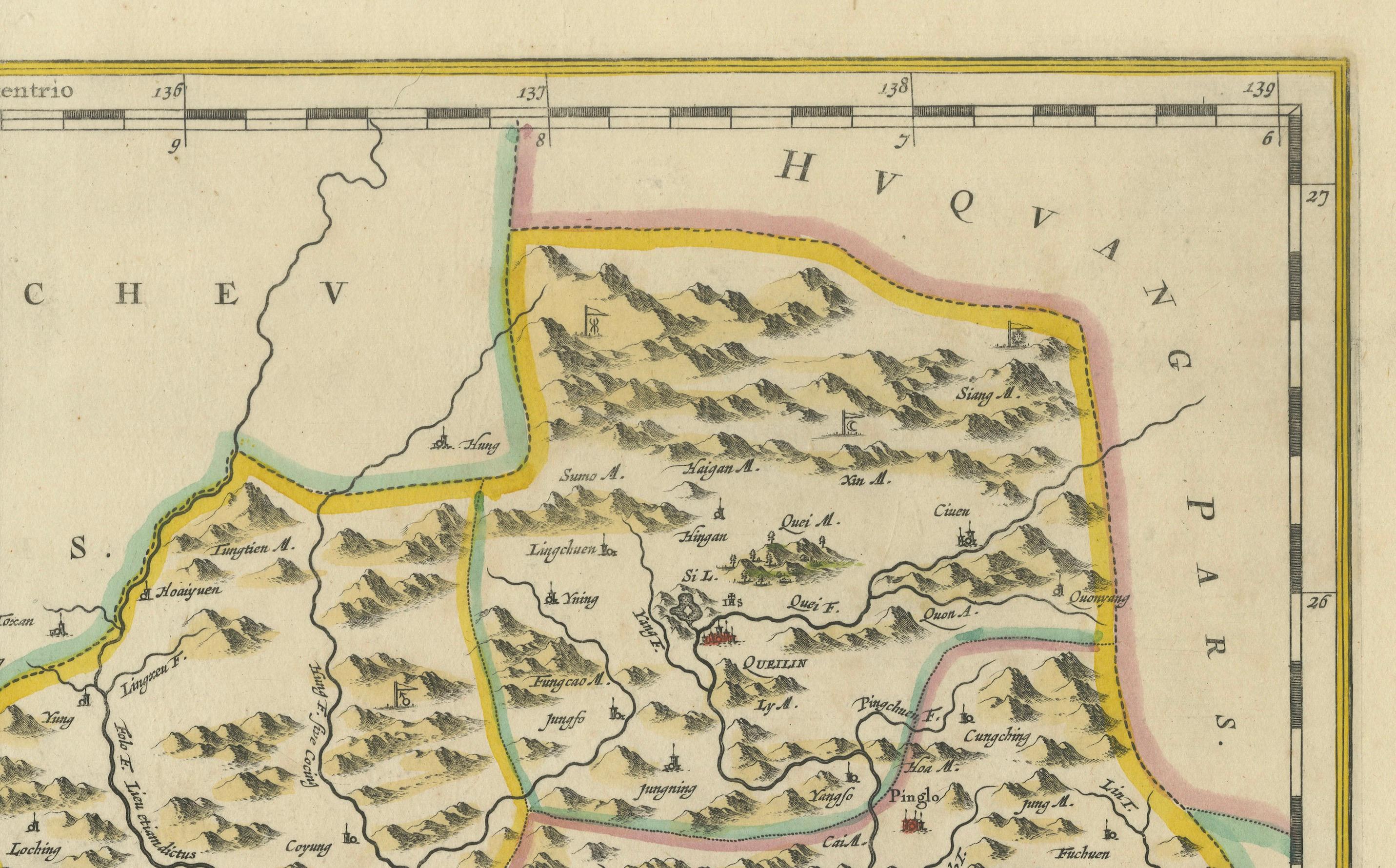 Engraved 17th-Century Original Antique Map of Guangxi Province, China – Qvangsii by Blaeu For Sale