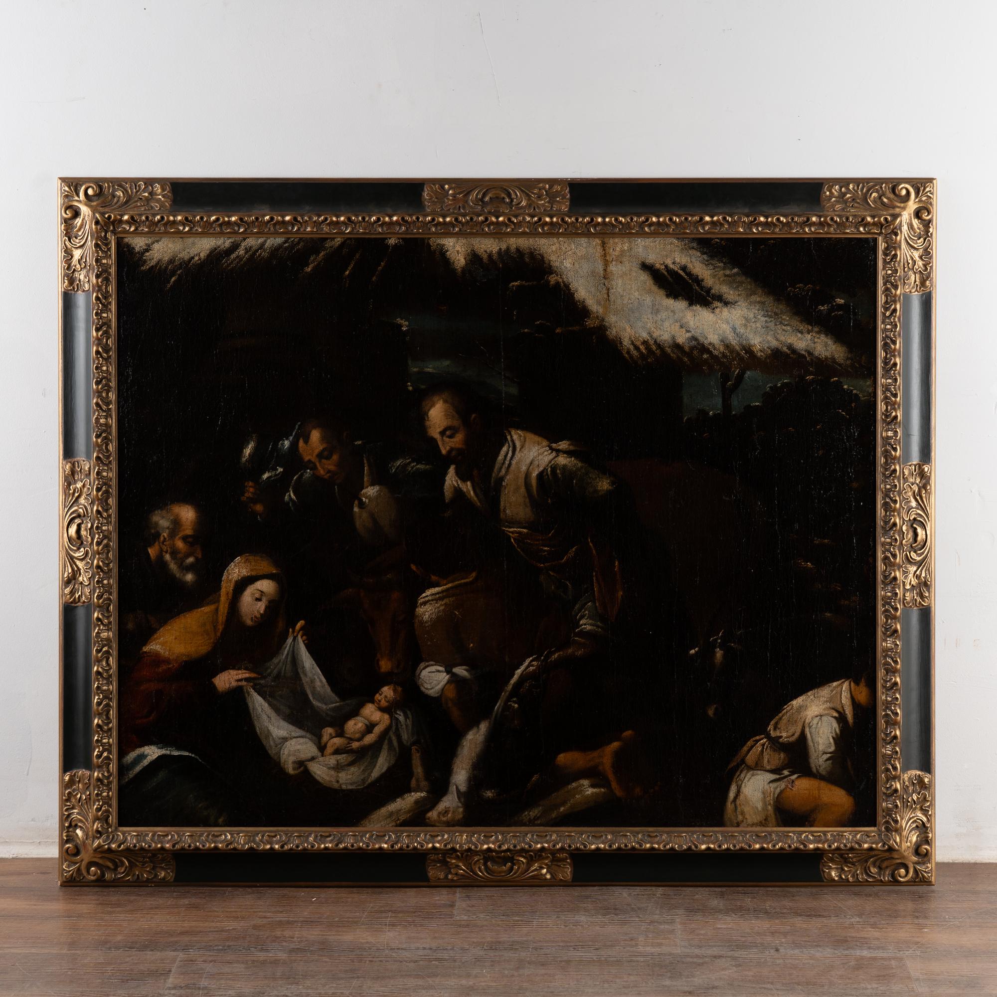 Original oil on canvas painting of the adoration of the magi, with Mother Mary and infant Christ.
Framed over 5' wide x 4' tall, no signature/unknown artist.
Canvas has craquelure, old cracks/creases, retouches and old repairs typical of a painting
