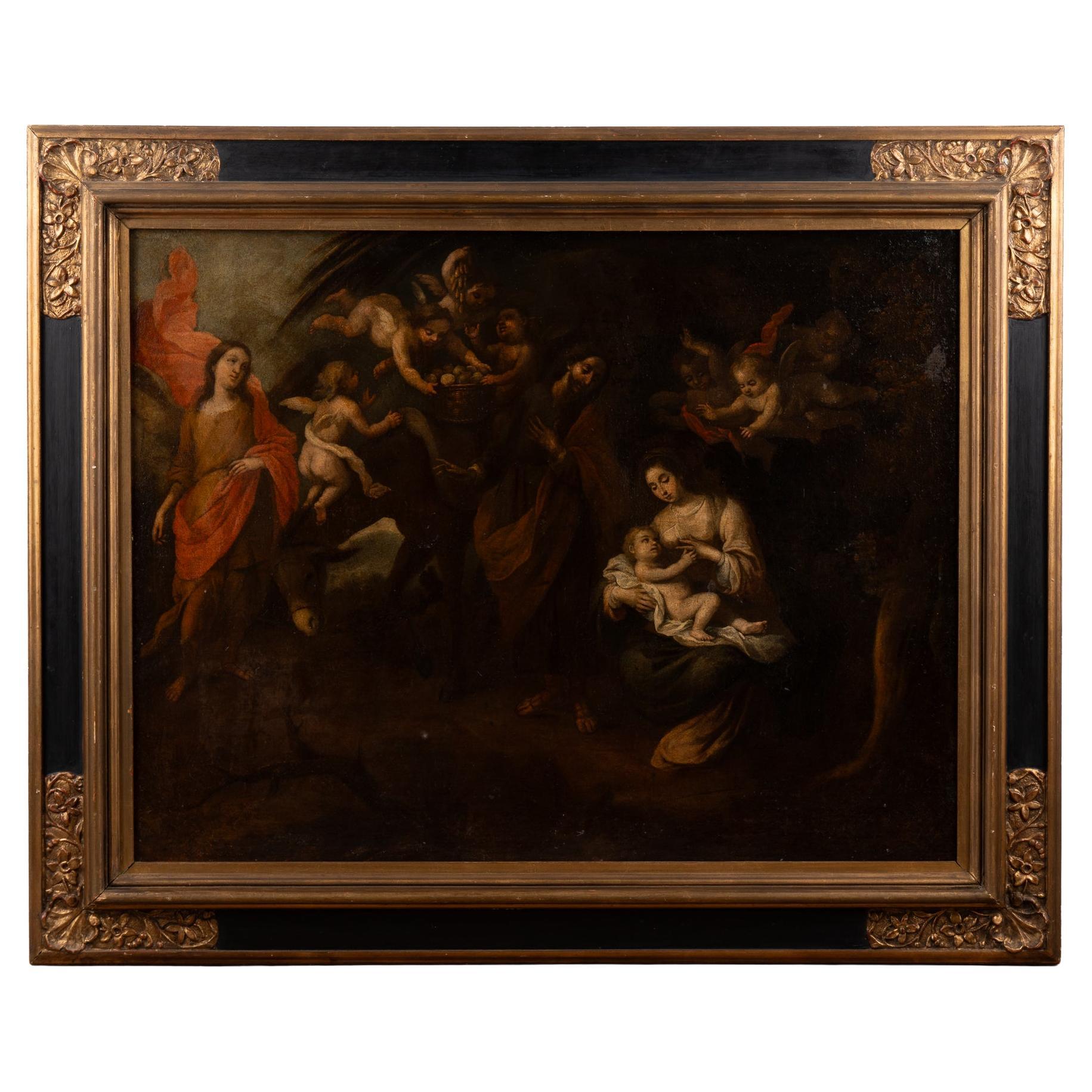 17th Century Original Oil on Canvas Painting of The Flight Into Egypt For Sale