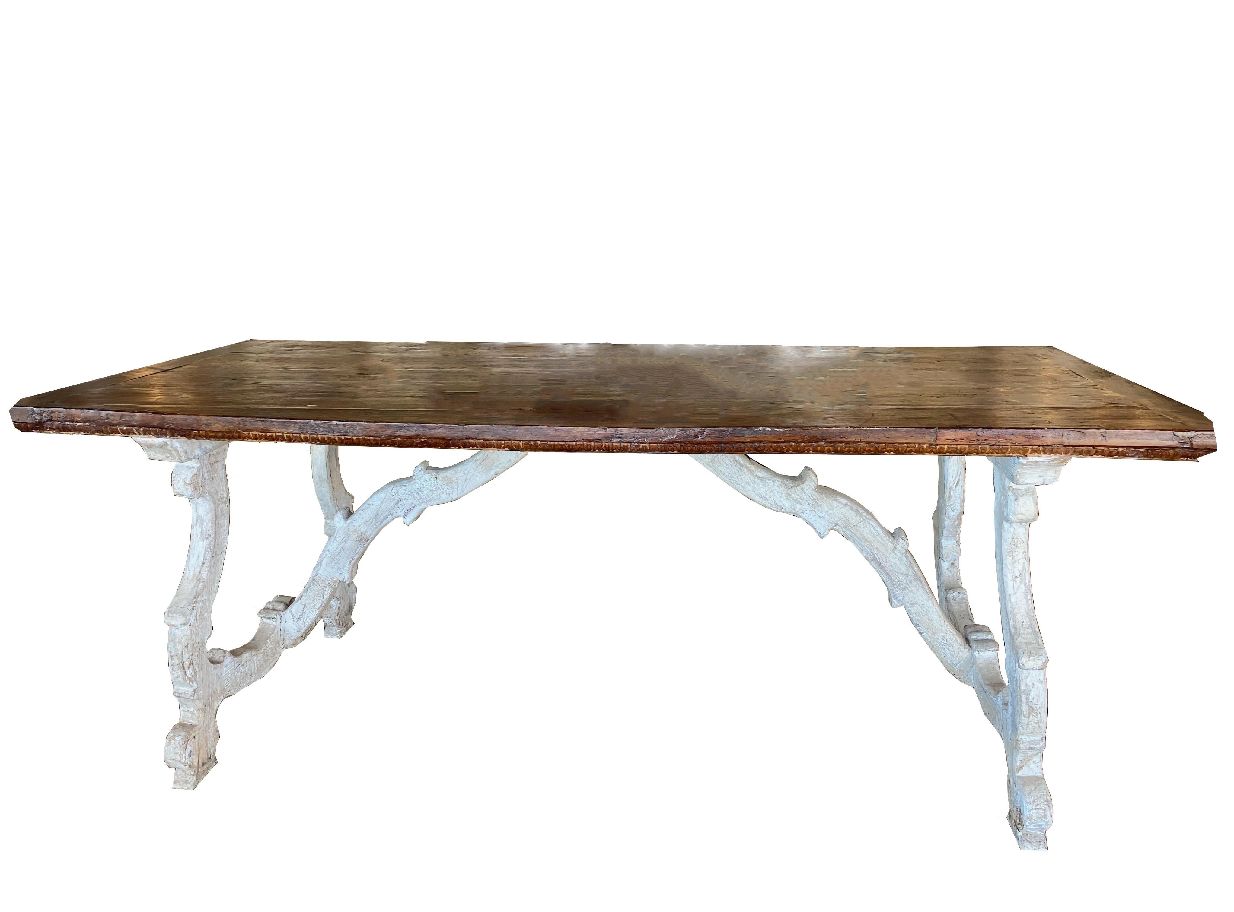 18th Century and Earlier 17th Century Painted Italian Trestle Table with Walnut Top For Sale