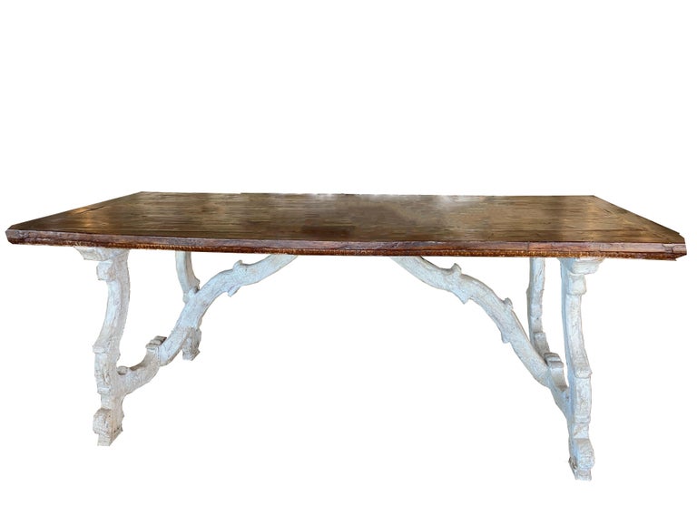 Wood 17th Century Painted Italian Trestle Table with Walnut Top For Sale