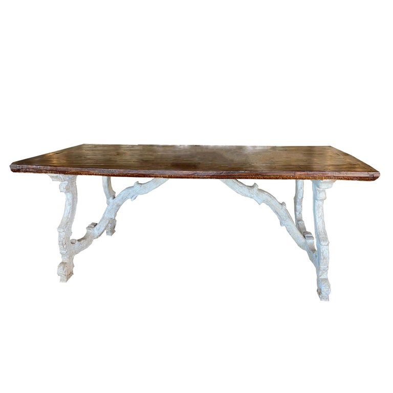17th Century Painted Italian Trestle Table with Walnut Top For Sale