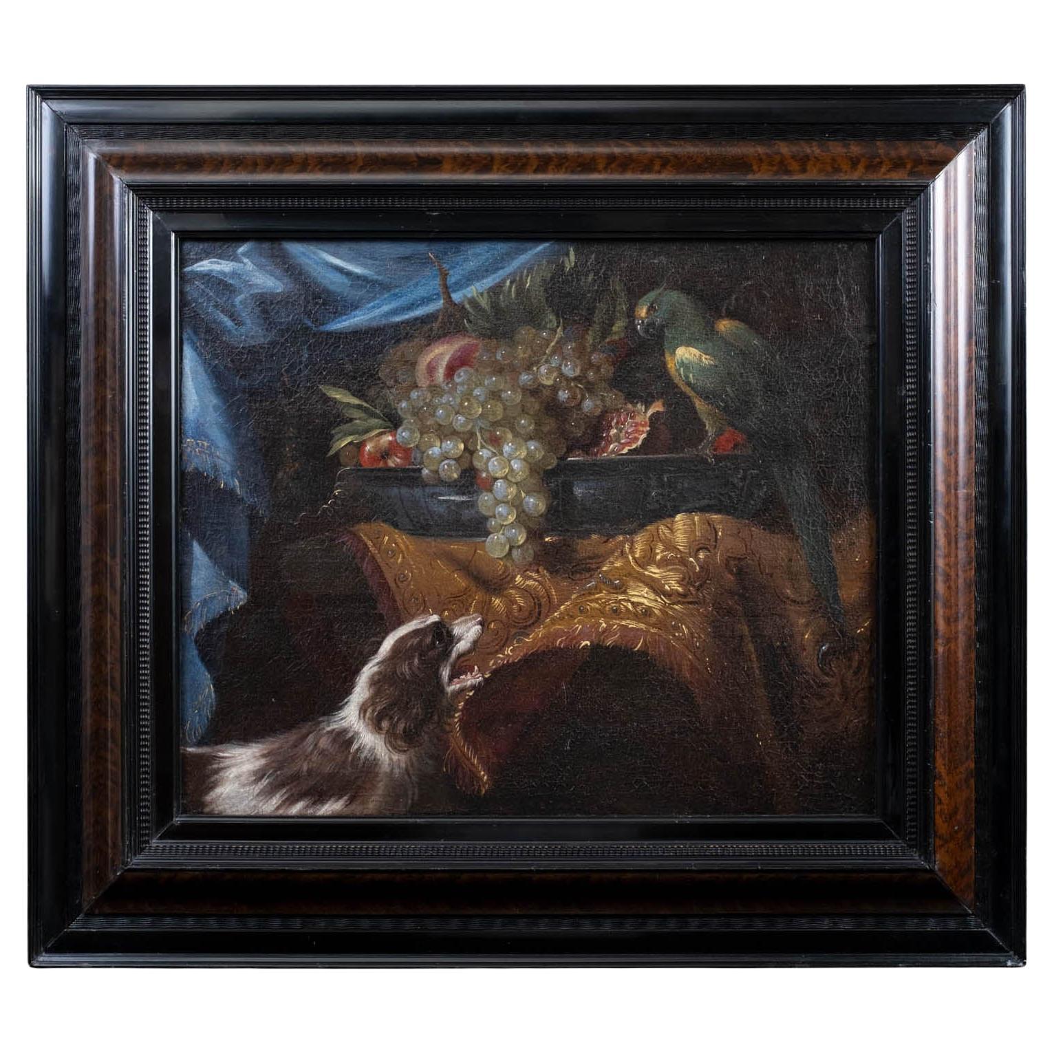 Gemälde eines flämischen Meisters aus dem 17. Jahrhundert: Stillleben mit Hund und Papagei 