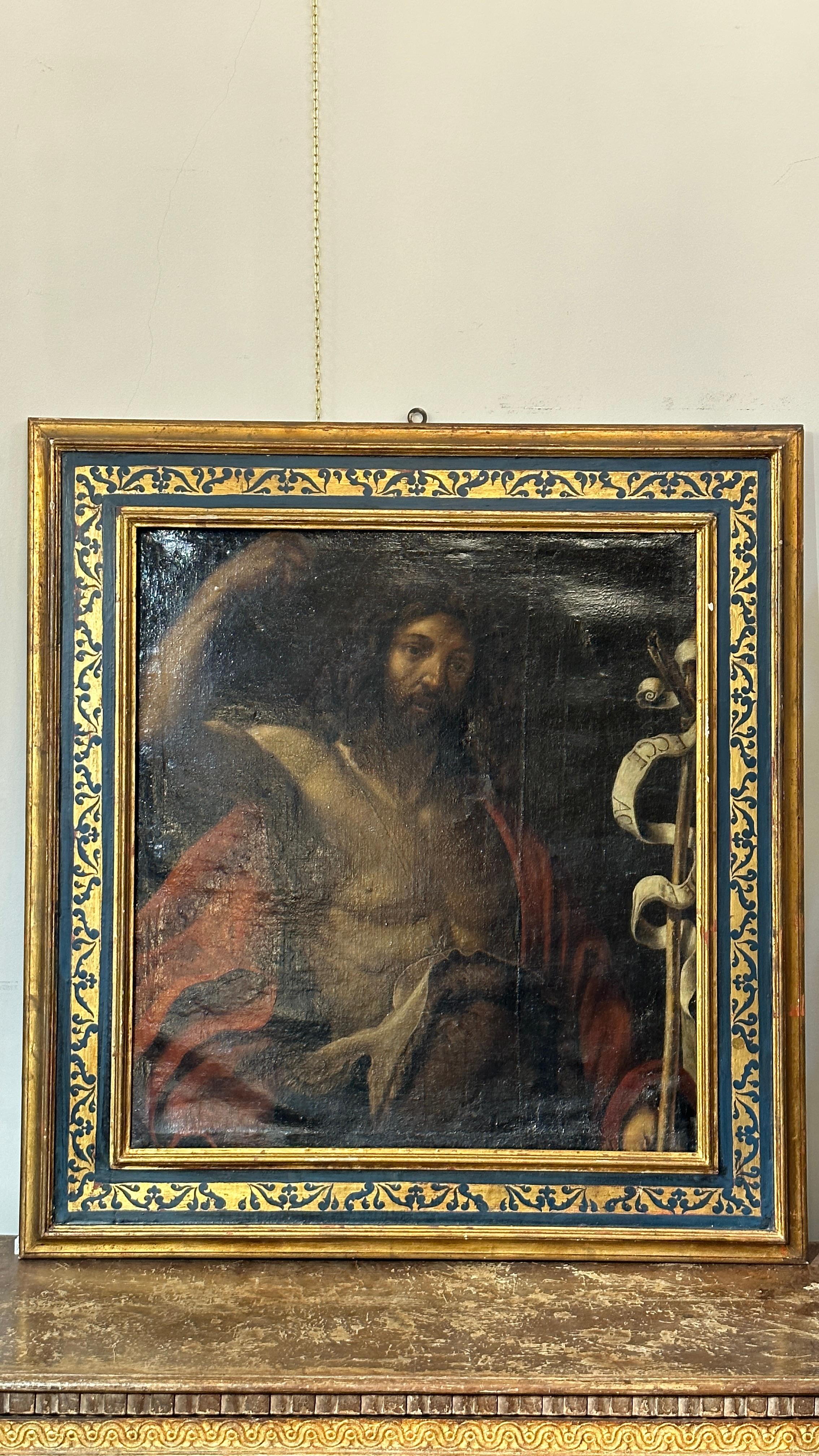 The painting depicts Saint John, in his traditional image, holding a crosier in his hand and covered by a red fleece. The painting is made on first canvas, which was then inserted into a gilded wooden frame. The frame is decorated with painted plant