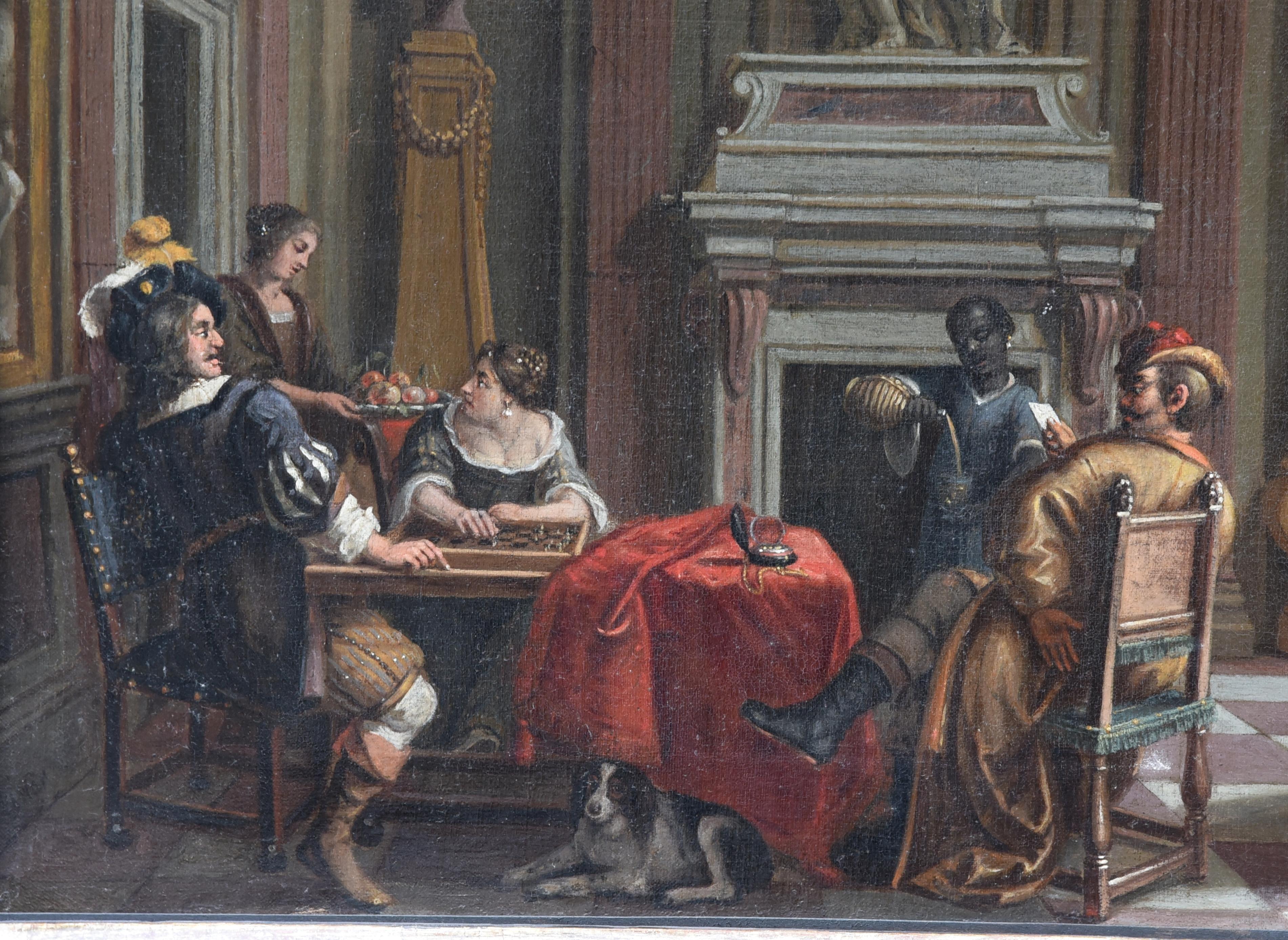 17th Century Painting, Oil on Canvas depicting Palace interior In Tuscany with figures, Signed lower left by Dirck Van Dellen 1604-1671. The frame is from the 1700s.

This object is subject to the superintendence of the fine arts, therefore it must
