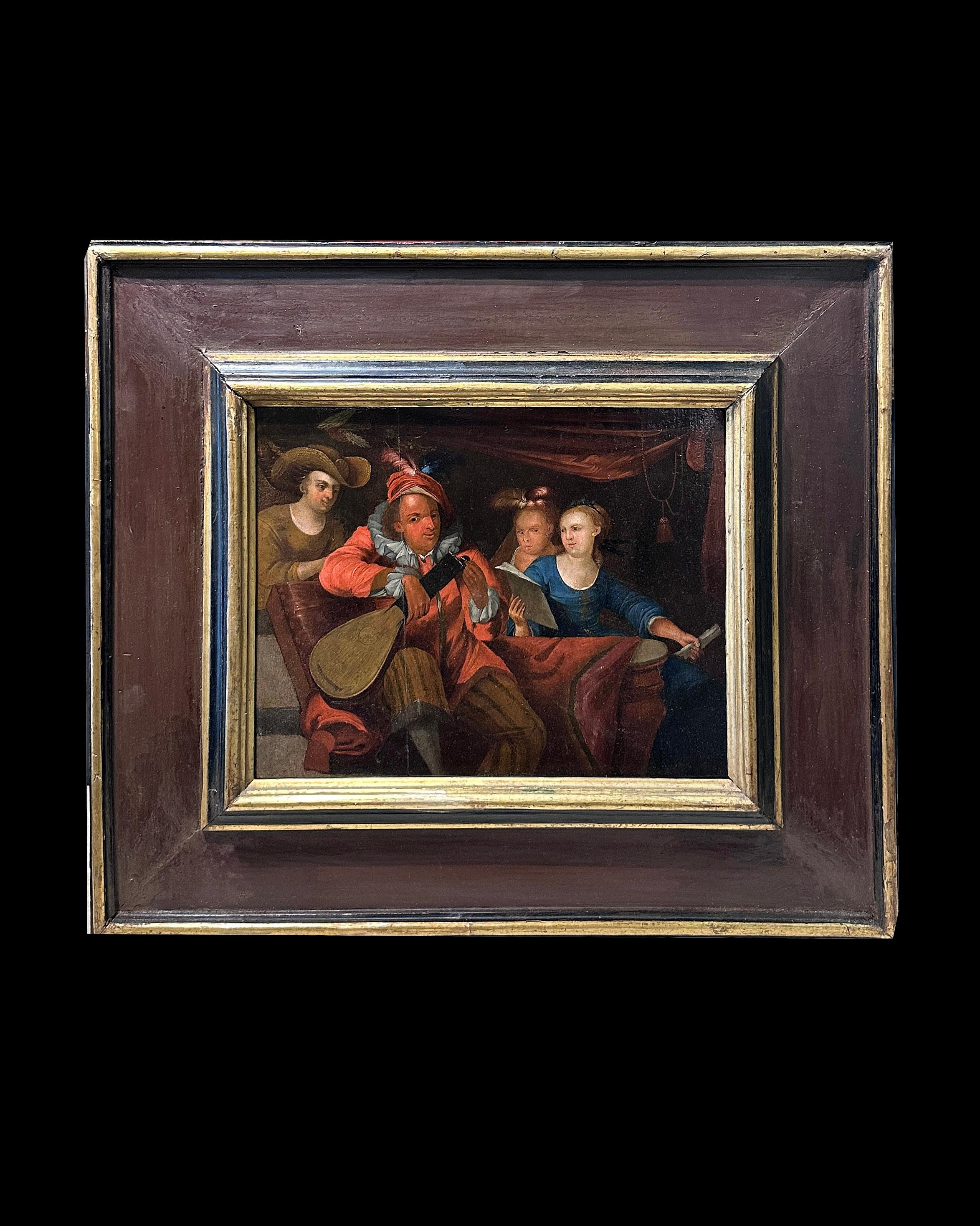 This fascinating painting, made with oil tempera on walnut tablet and framed in a thick frame, represents a lively scene of celebration and concert in the palace. At the center of the work, a man in an exotic hat plays the archlute while the other