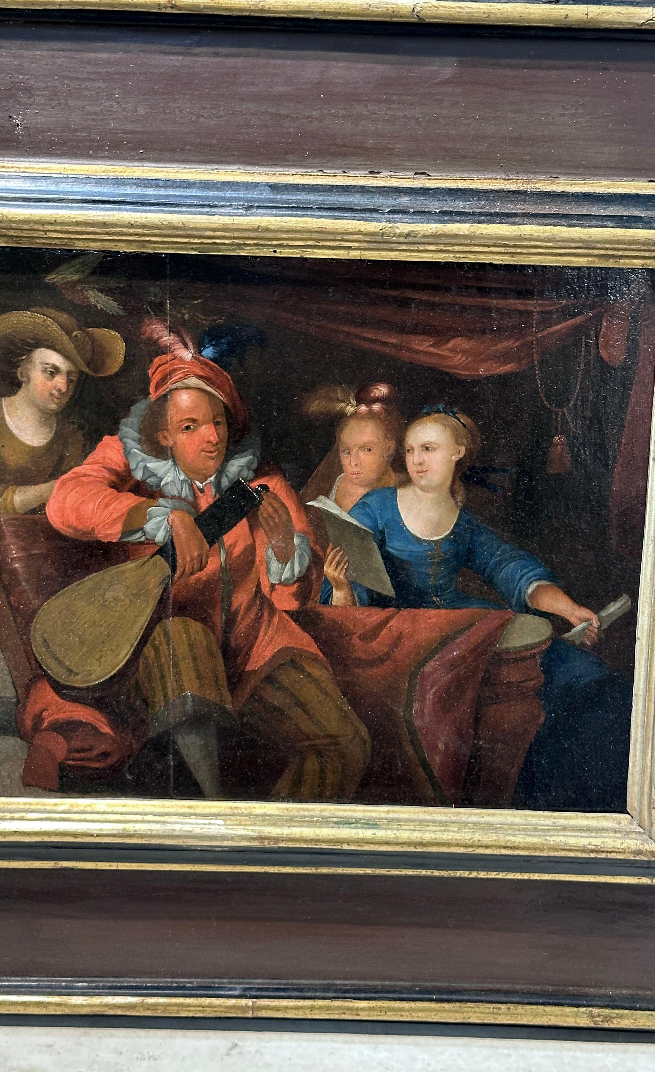 Oiled 17th CENTURY PAINTING WITH PARTY AND CONCERT IN A PALACE For Sale