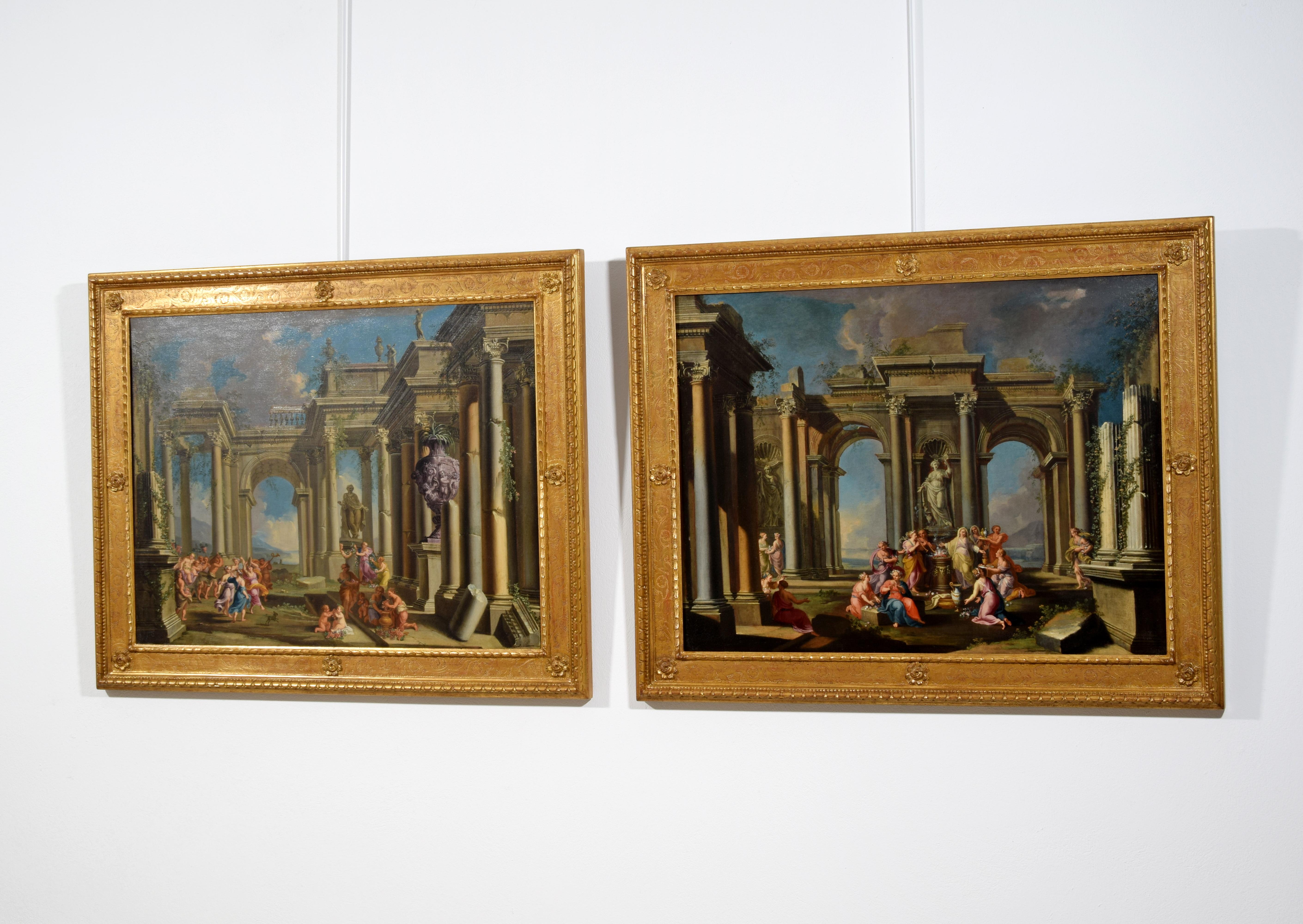 XVII secolo, Coppia di dipinti raffiguranti Capricci architettonici con baccanali e scene di sacrificio, Alberto Carlieri (Roma 1672-1720)
Olio su tela; Dimensioni: tela cm H. 73,5 x L. 97. Telaio: cm L 118.5 x H 94.5 x P 5
Precedentemente a Roma,