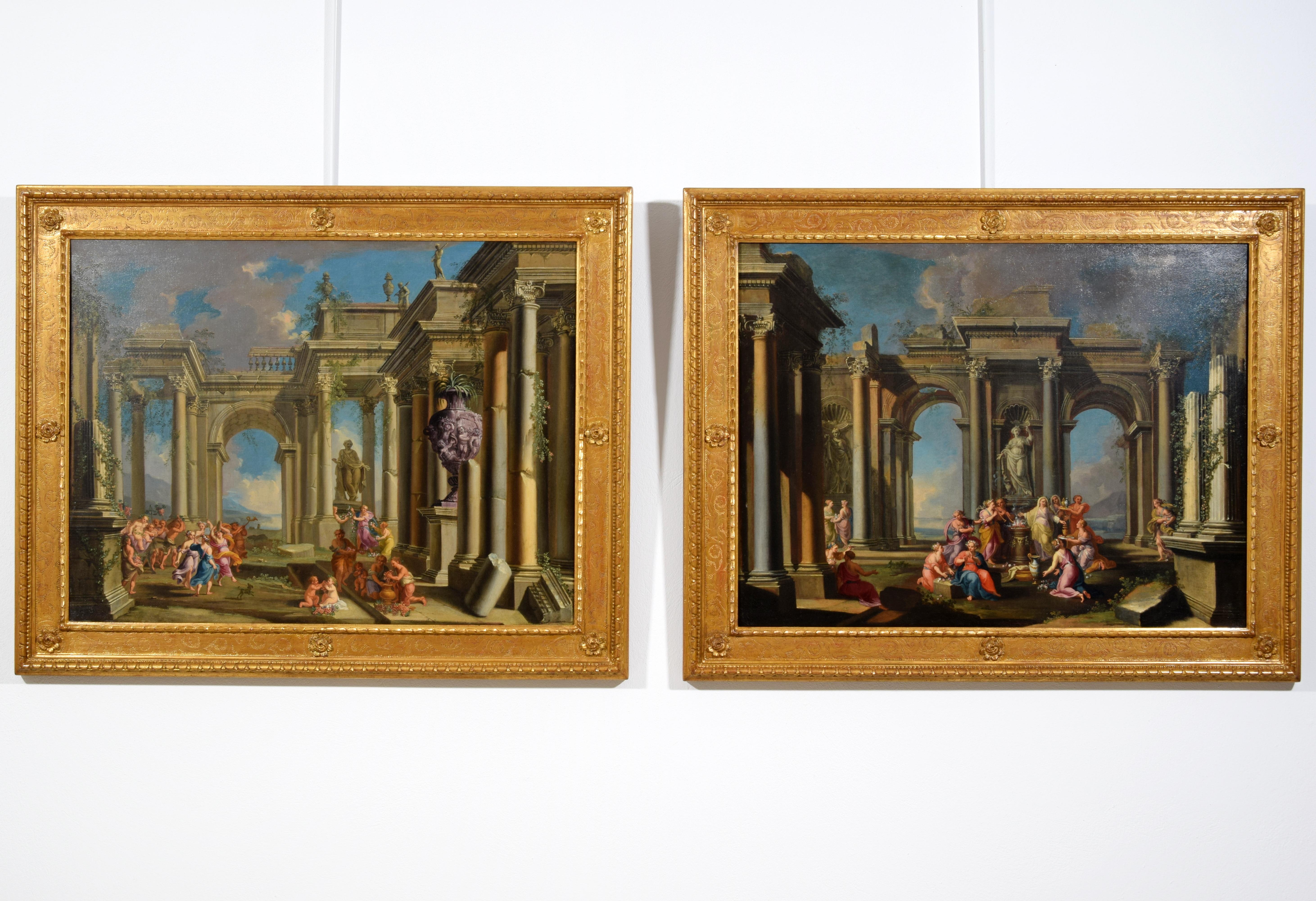 Italiano 17° secolo, coppia di dipinti italiani Capriccio architettonico di Alberto Carlieri in vendita