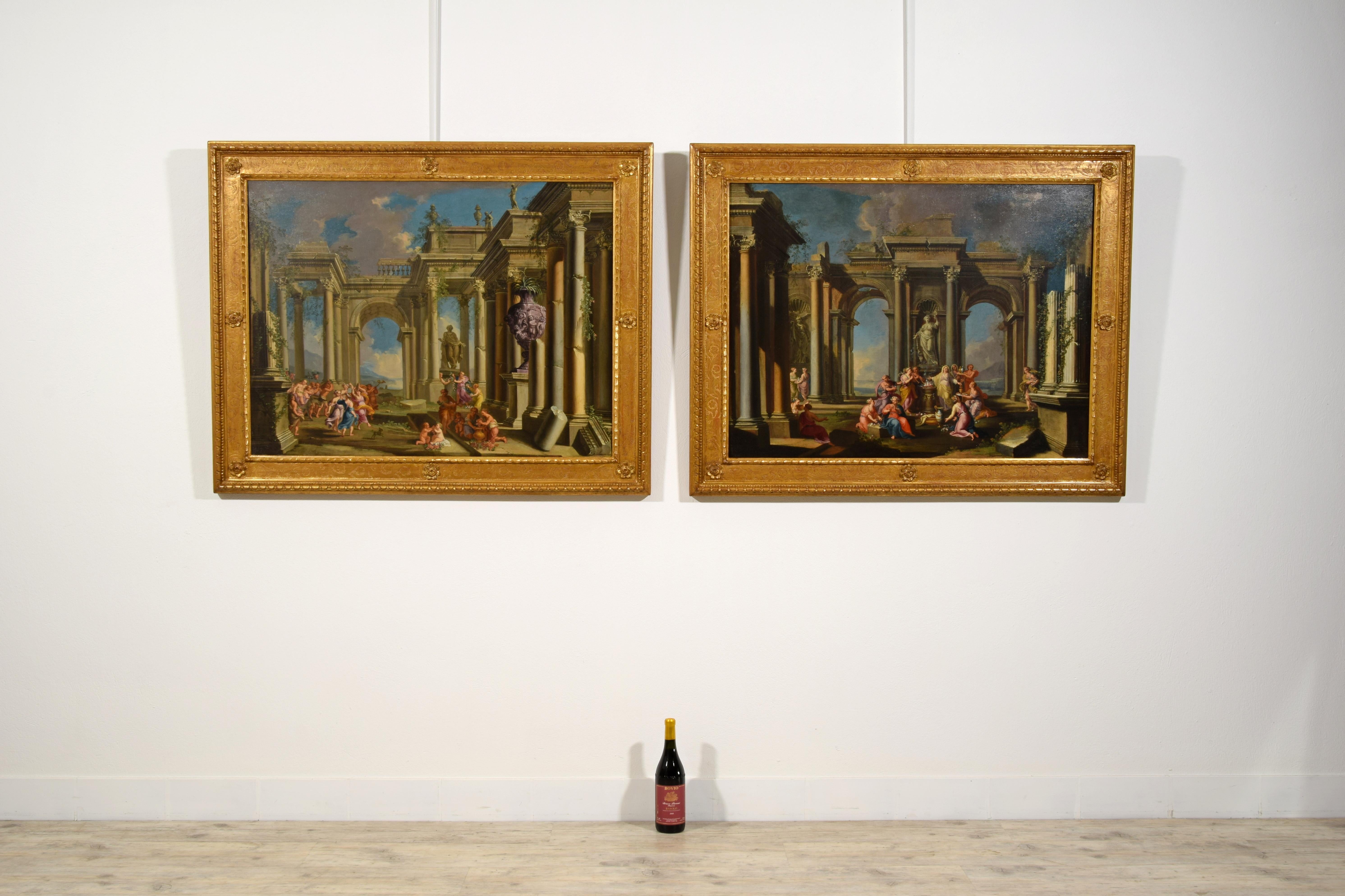Dipinto a mano 17° secolo, coppia di dipinti italiani Capriccio architettonico di Alberto Carlieri in vendita