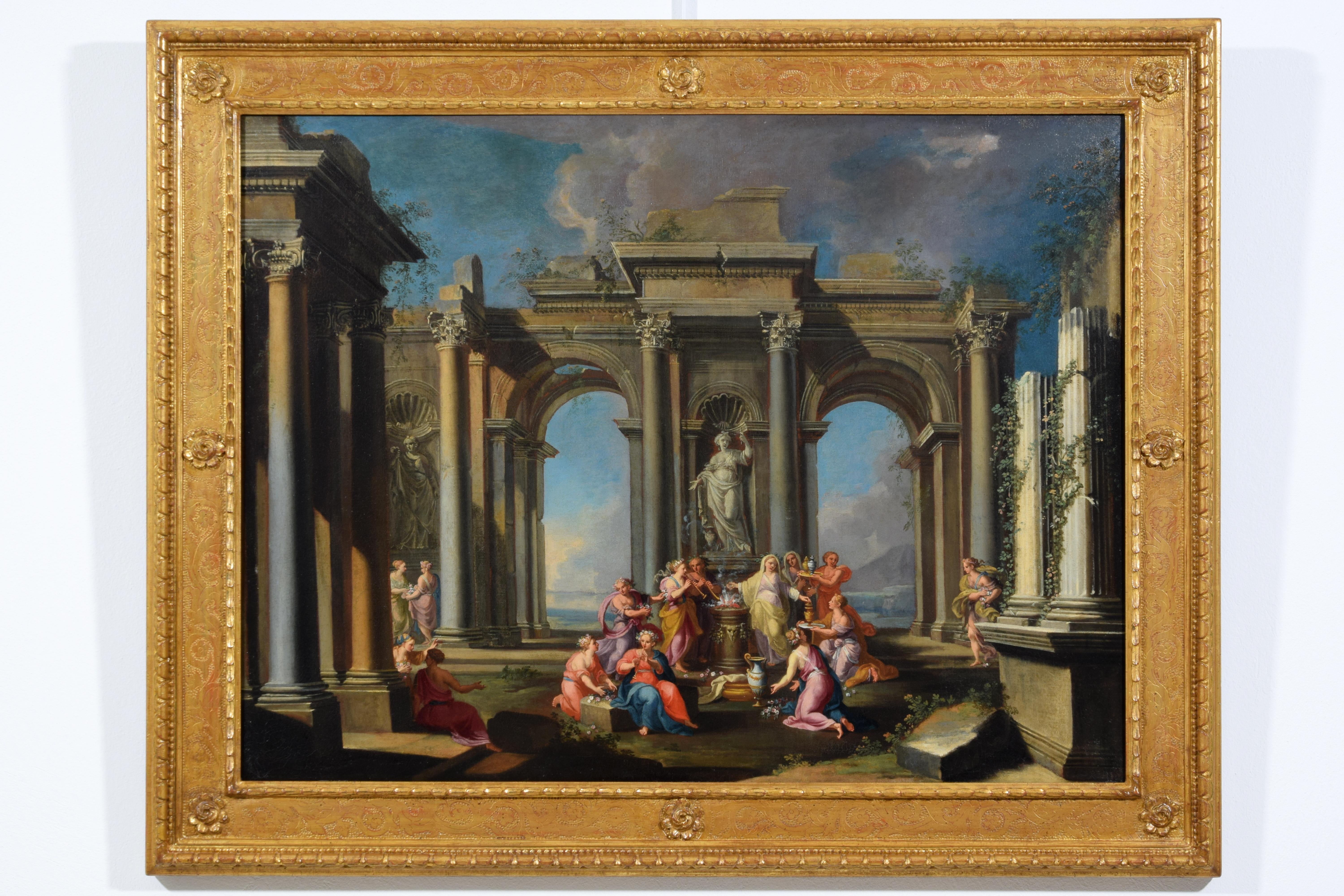 Tela 17° secolo, coppia di dipinti italiani Capriccio architettonico di Alberto Carlieri in vendita