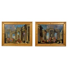 Siglo XVII, Pareja de pinturas italianas Capriccio arquitectónico de Alberto Carlieri
