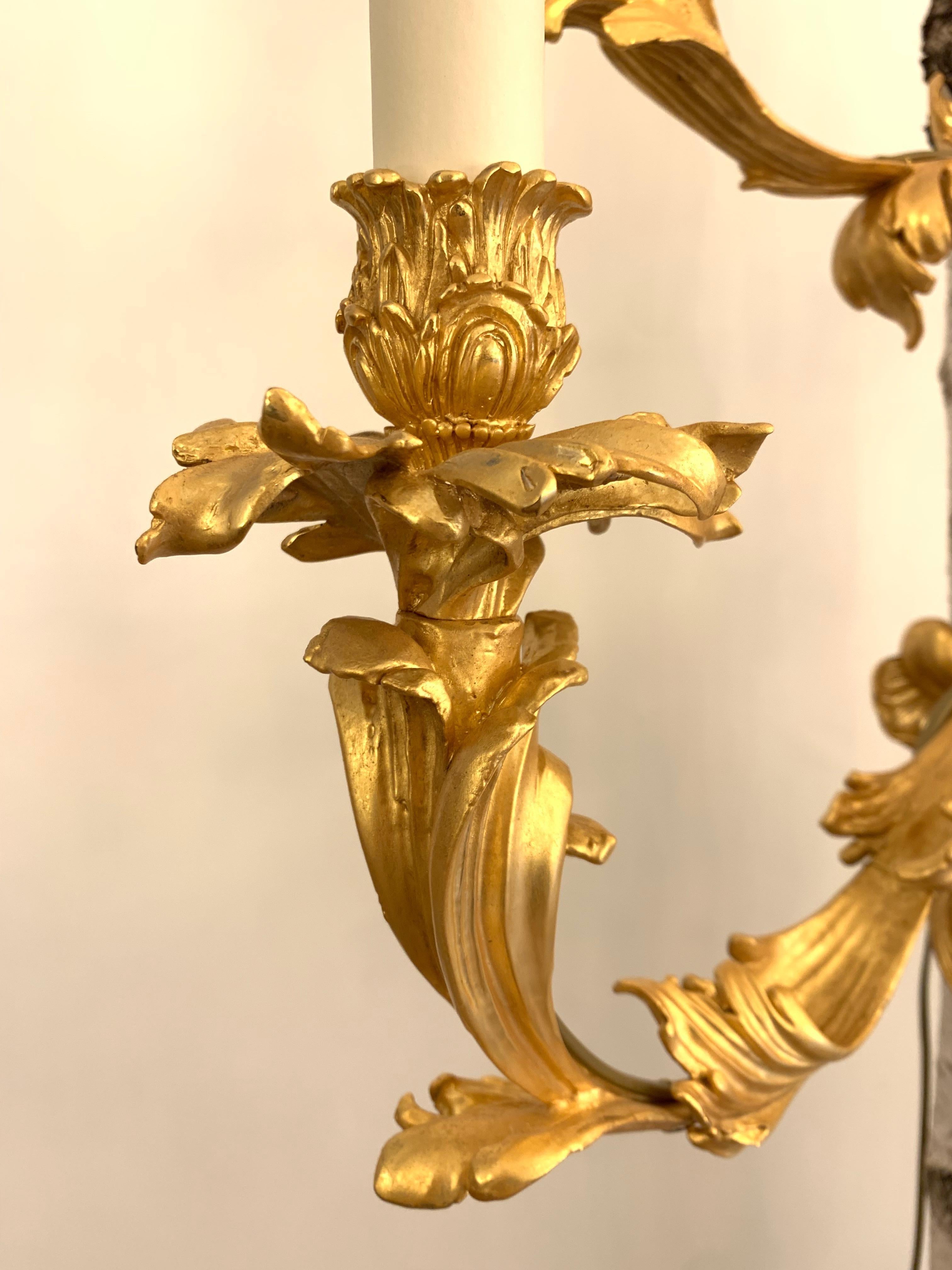 French 17th Century Pair of 6-Light Gilt Bronze Wall Lights Inspired by J.Caffieri For Sale