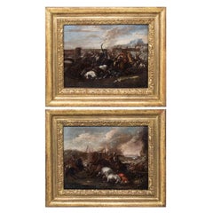 17th Century Pair of Battle Scenes Painting Oil on Canvas