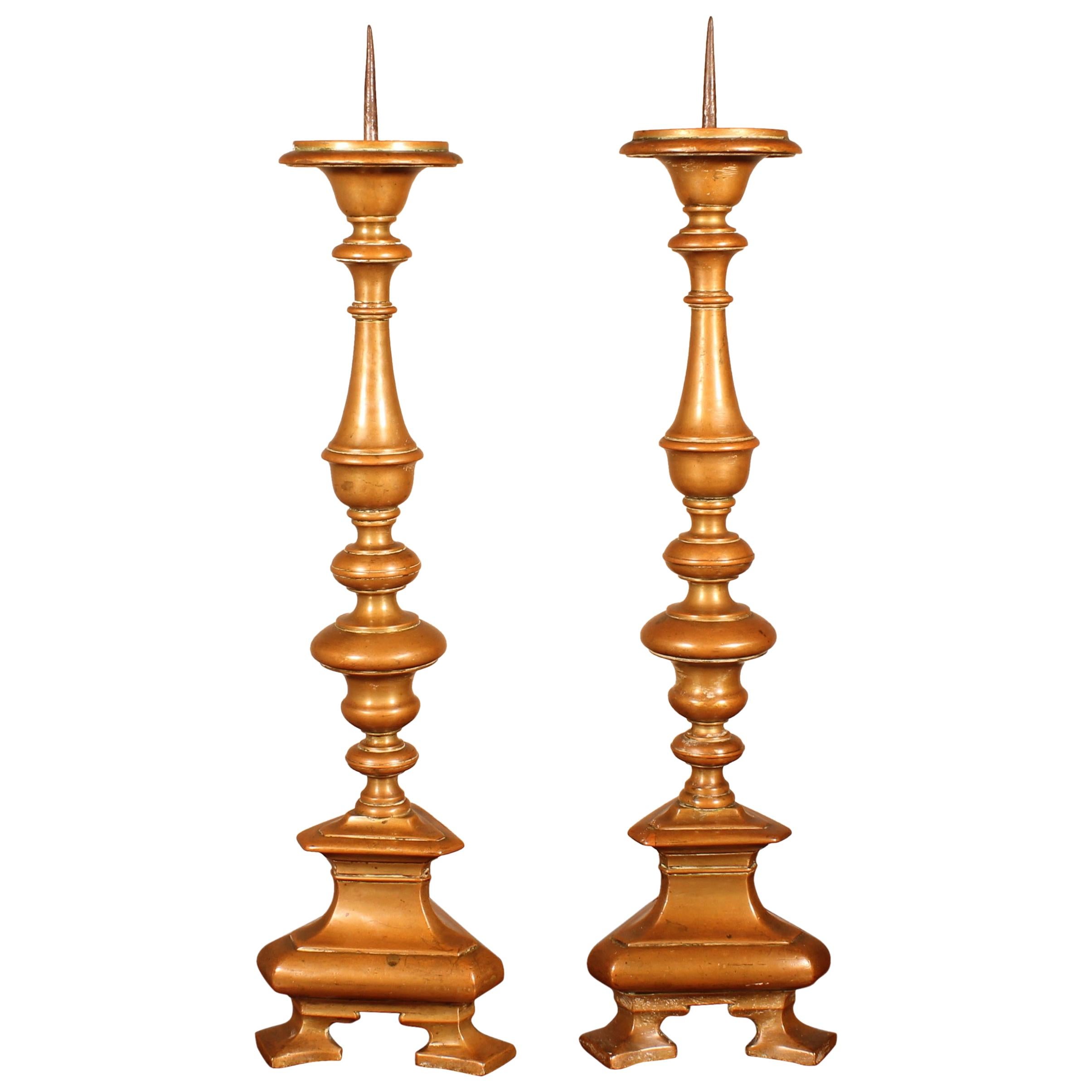 17th Century Pair of Candlesticks, Italy-Bronze