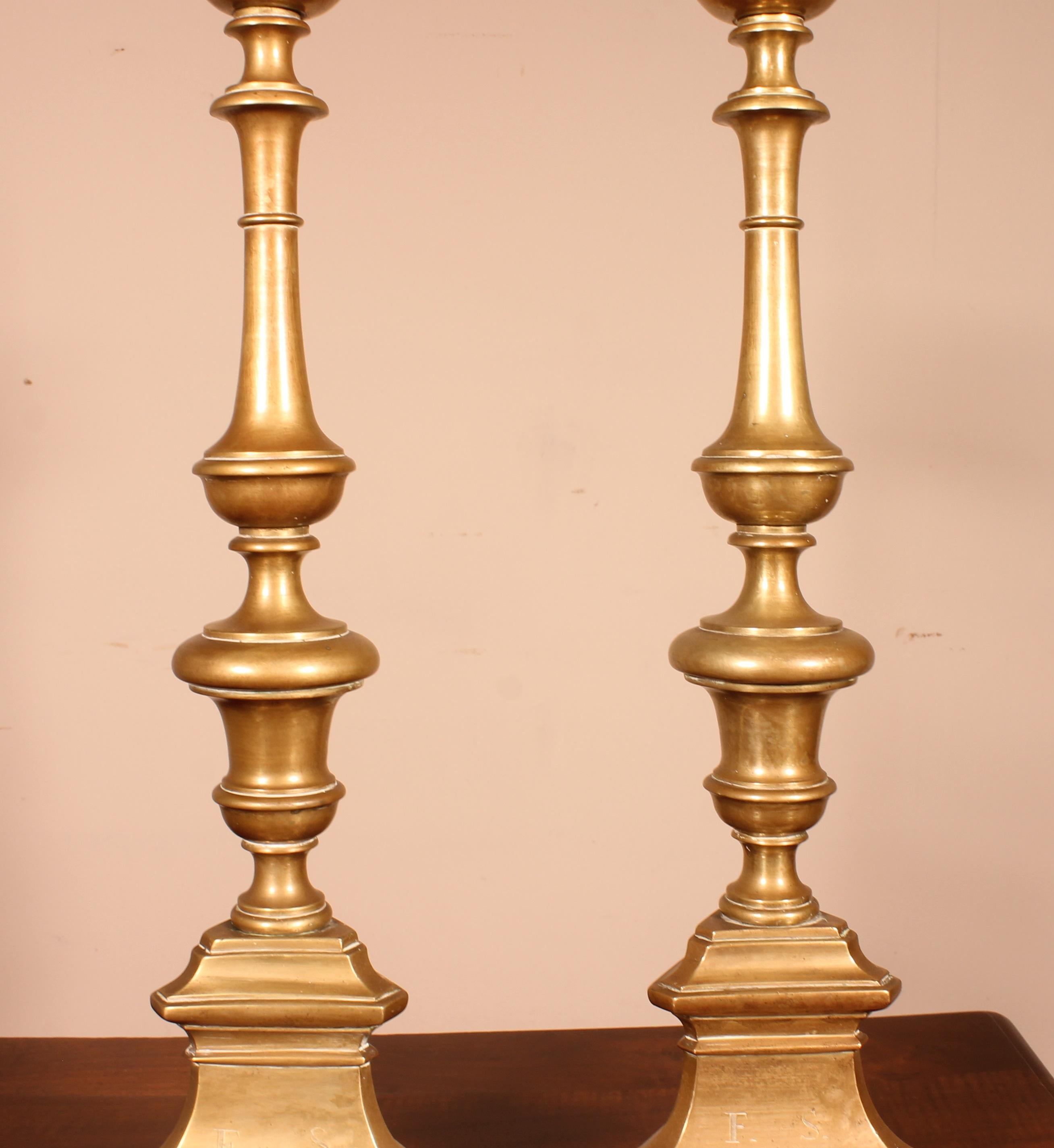Louis XIII 17th Century Pair of Candlesticks, Italy in Bronze Stamped FS