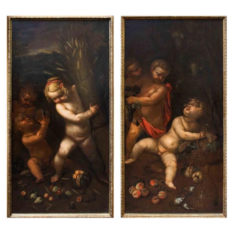 17th Century Pair of Cheering Cherubs Painting Oil on Canvas by Montalto  For Sale at 1stDibs