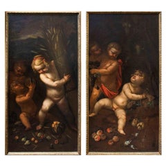 17th Century Pair of Cheering Cherubs Painting Oil on Canvas by Montalto