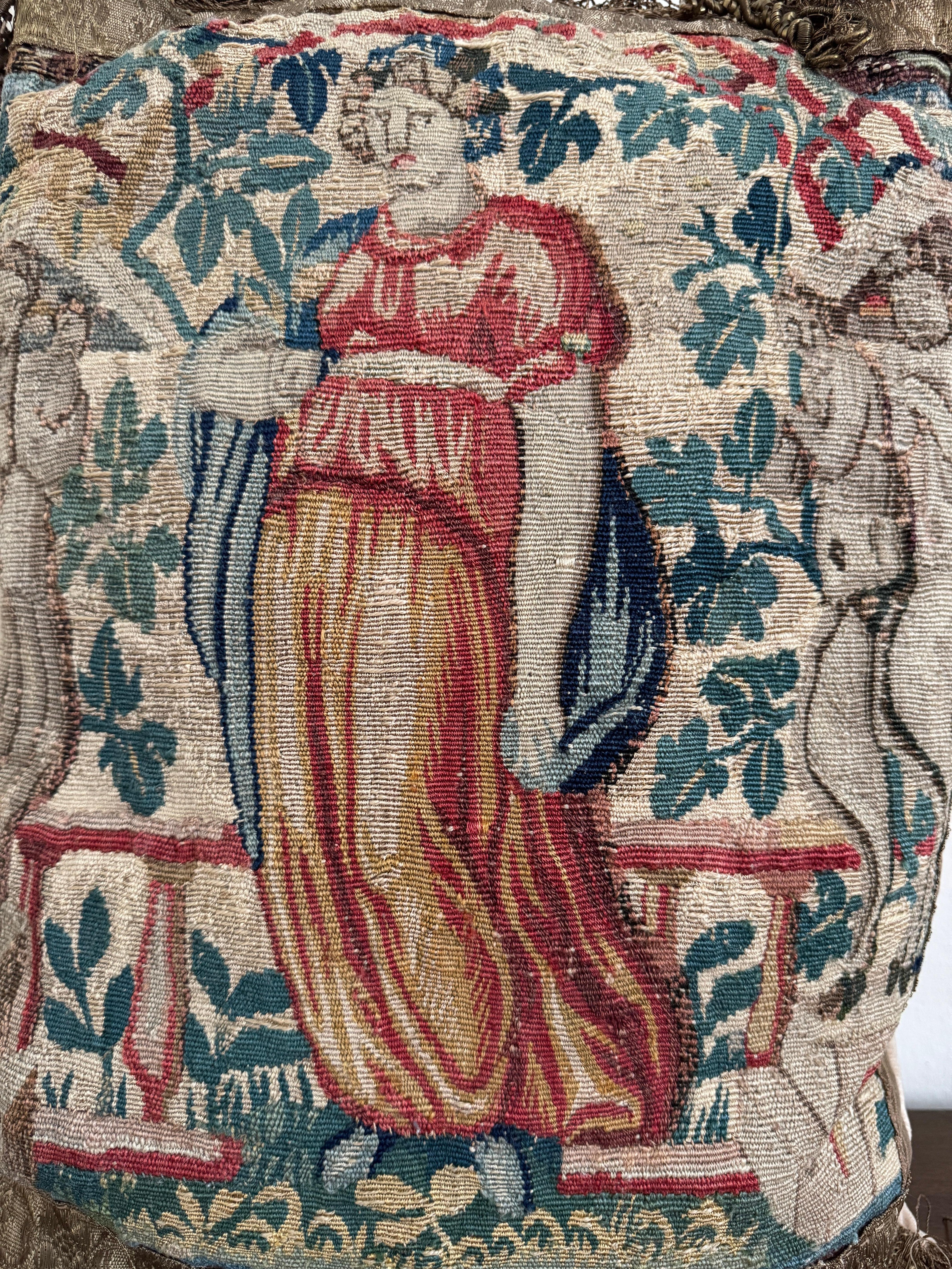 Belgian 17th Century Pair Of Flemish Tapestry Fragment Pillows For Sale