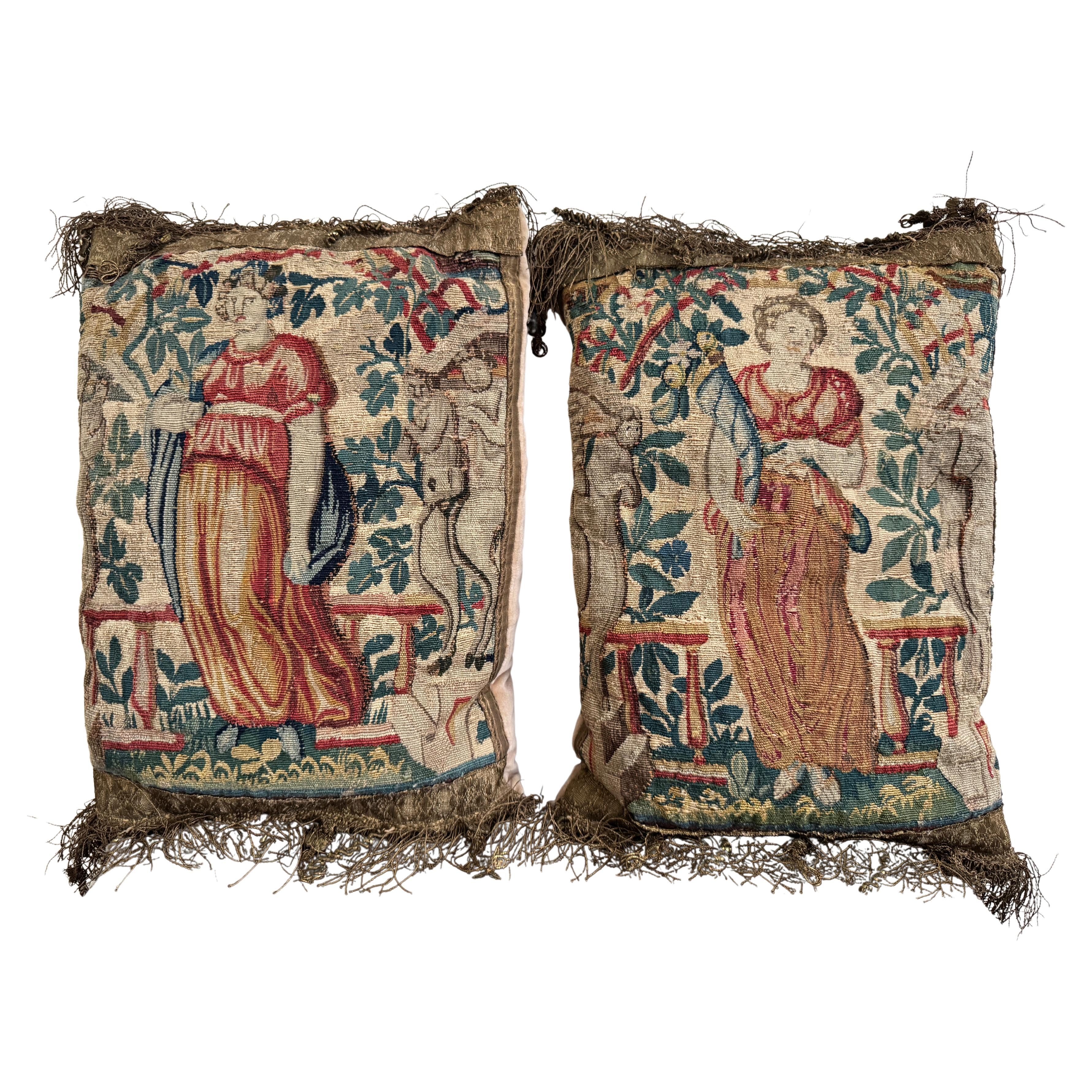 17th Century Pair Of Flemish Tapestry Fragment Pillows For Sale