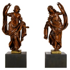 Siglo XVII, Pareja de esculturas barrocas italianas de nogal
