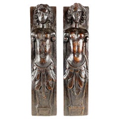17th Century Pair of Italian Caryatids Hand-Carved Walnut Female Figures 17th Century Pair of Italian Caryatids Hand-Carved Walnut Female Figures