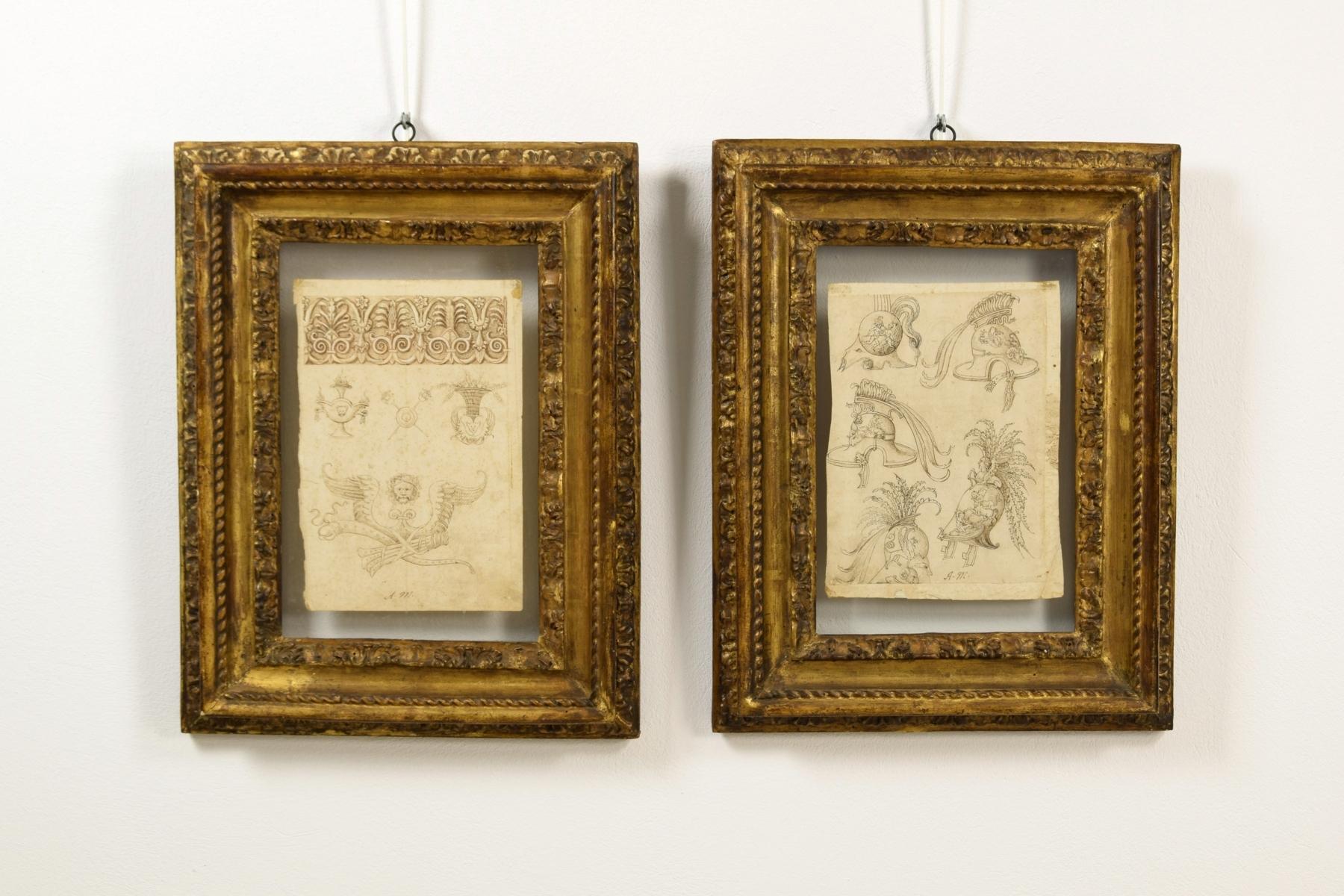 17th century, pair of ink drawings on paper with studies for grotesques, friezes and helmets.

Painter of central Italy of the 17th century, signed with monogram “A.M.”.

Measurements: cm L 45.5 x H 59.5 x 5.5; cm 22 x 33 / cm L 46.5 x H 59 x