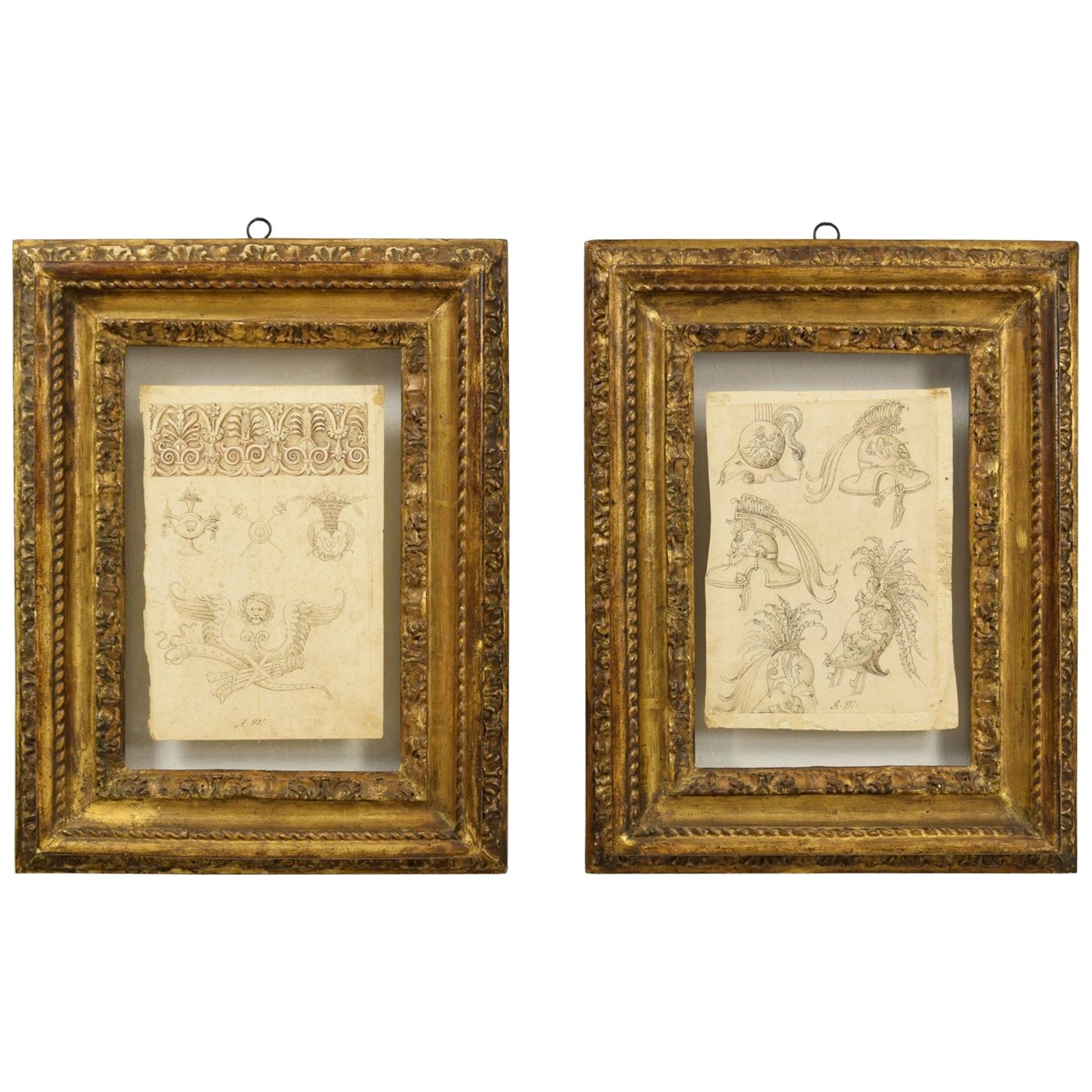 17th Century, Pair of Italian Ink Drawings on Paper with Studies for Grotesques For Sale