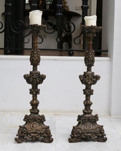 17th Century Pair of Italian Wooden Pricket Sticks