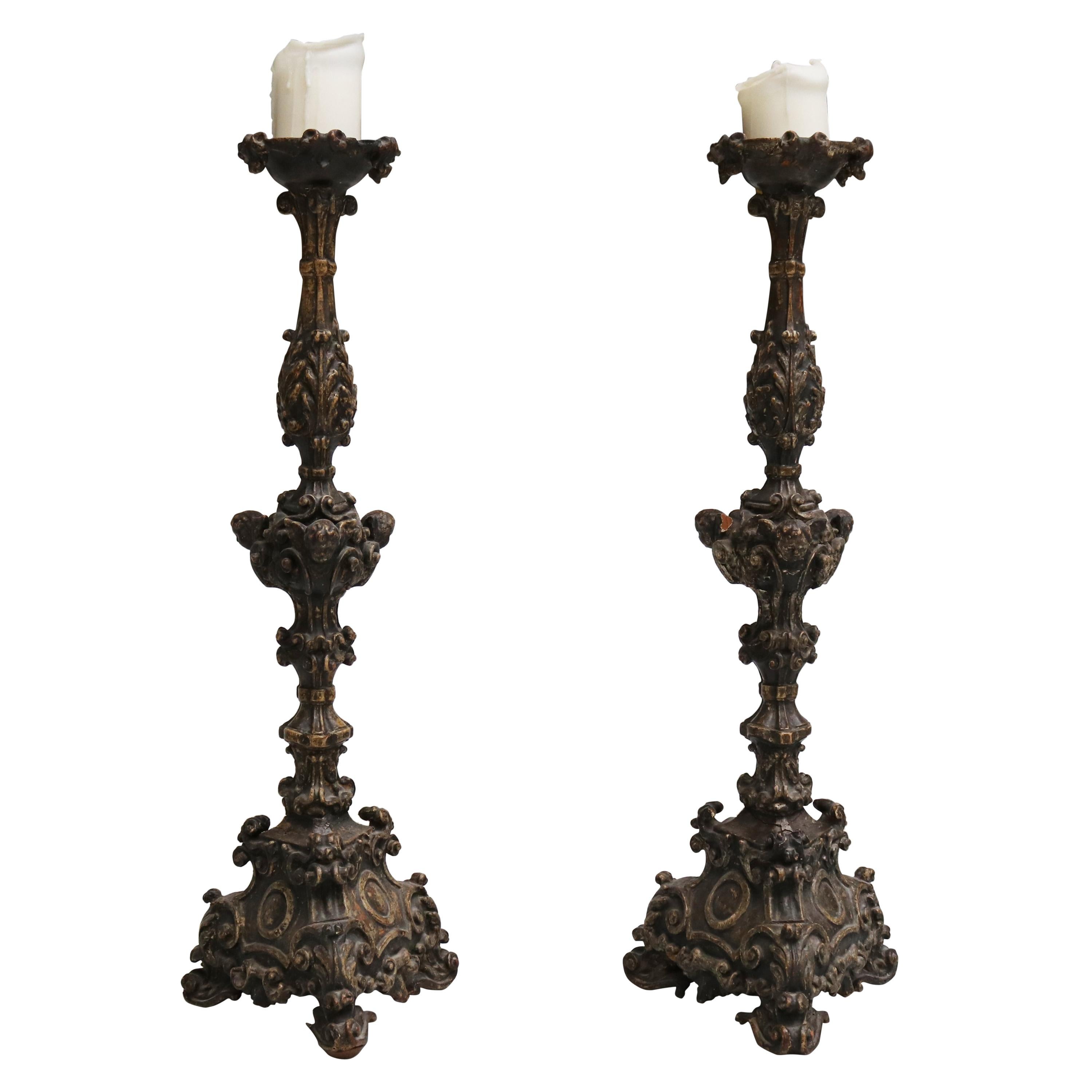 17th Century Pair of Italian Wooden Pricket Sticks